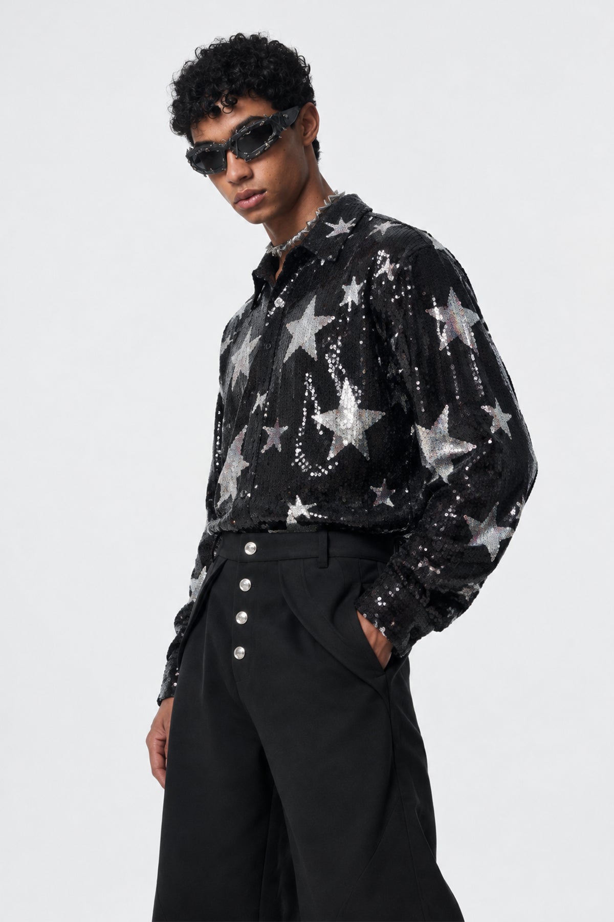 Deep Void Long Sleeve Star Sequin Shirt