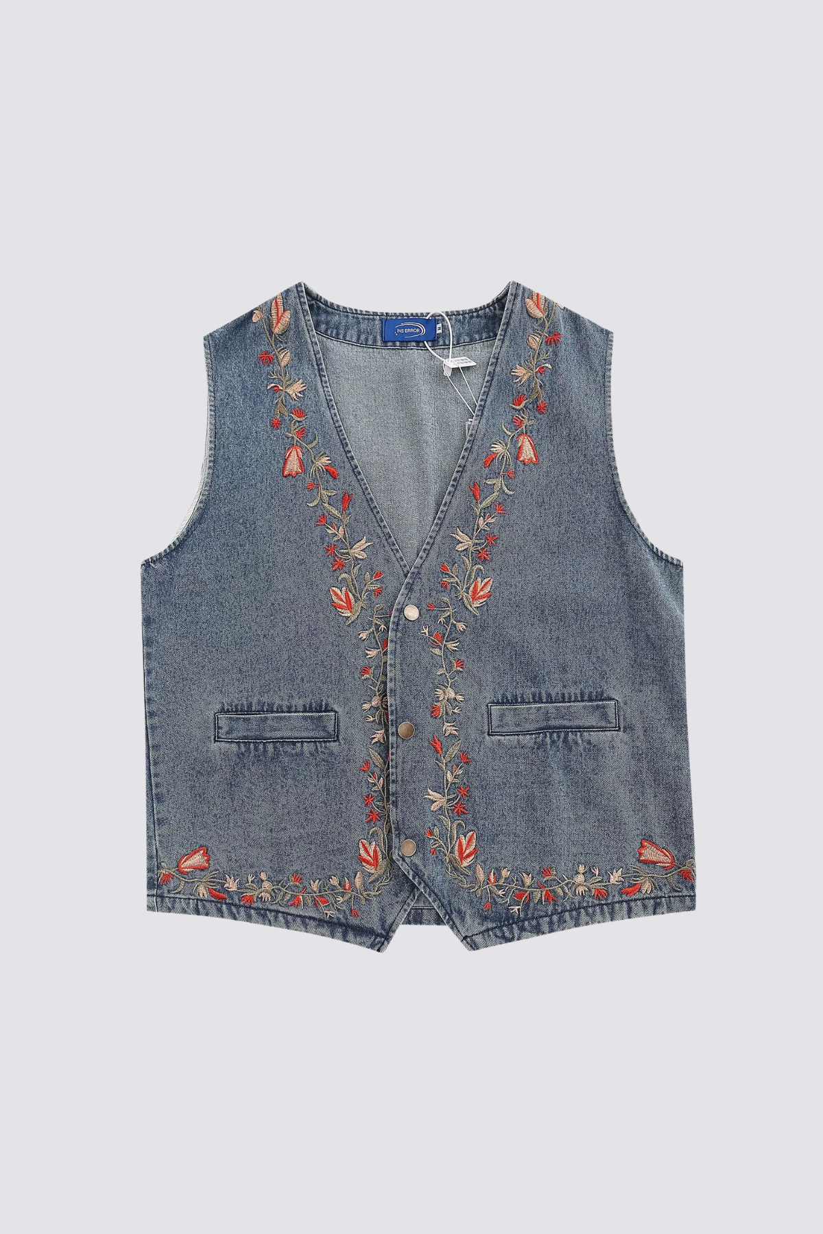 Deep Stitch Floral Embroidered Denim Vest