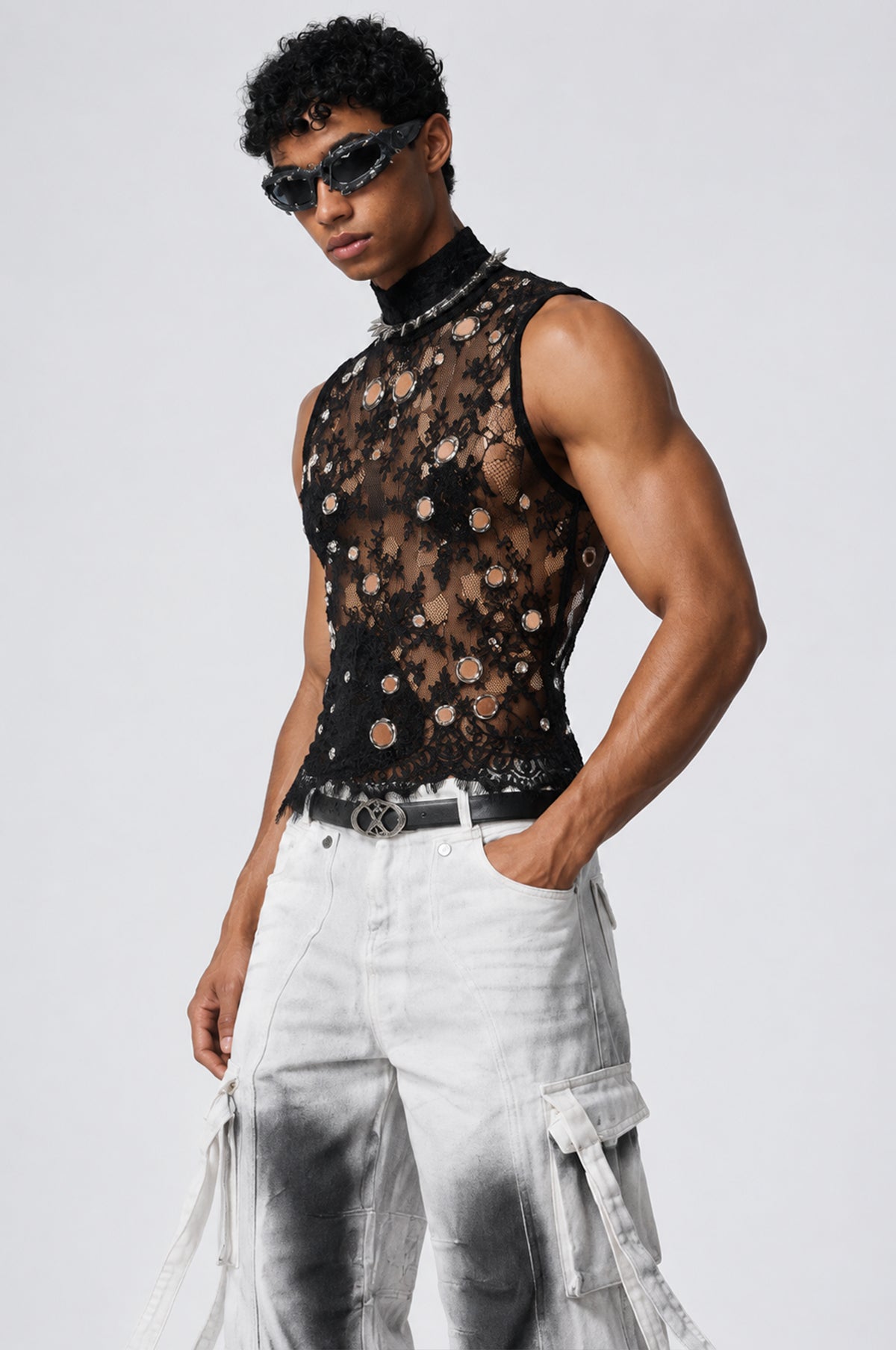 Denim Blend Lace Eyelet Sleeveless Top