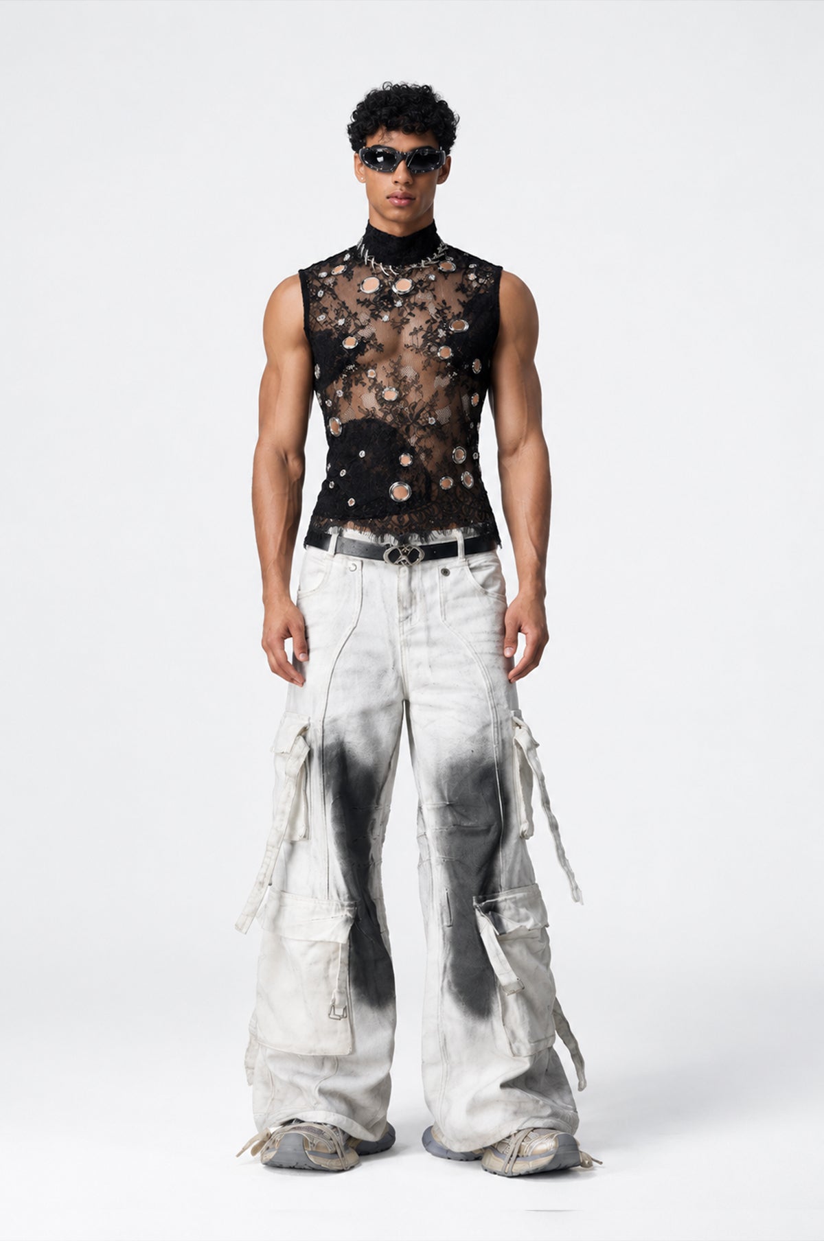 Denim Blend Lace Eyelet Sleeveless Top