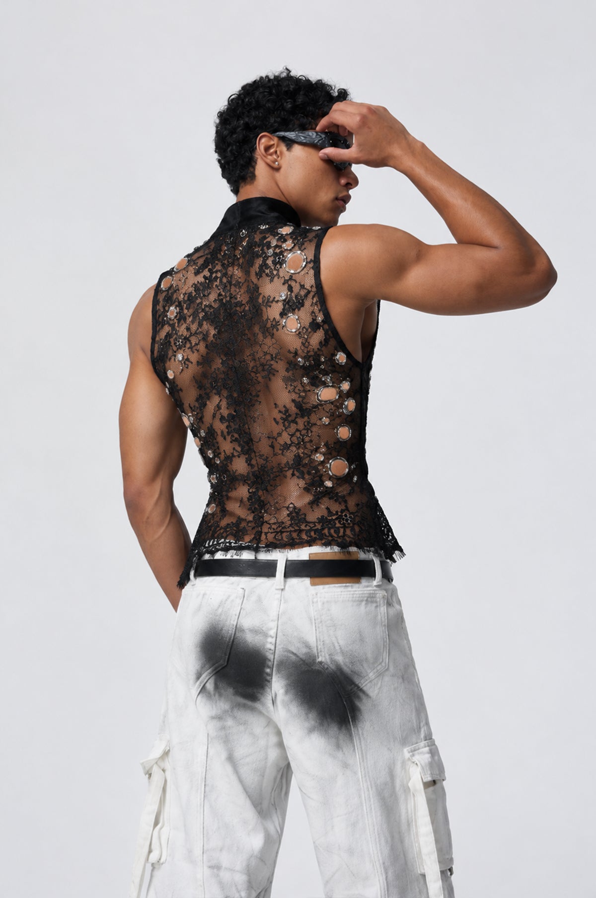 Denim Blend Lace Eyelet Sleeveless Top