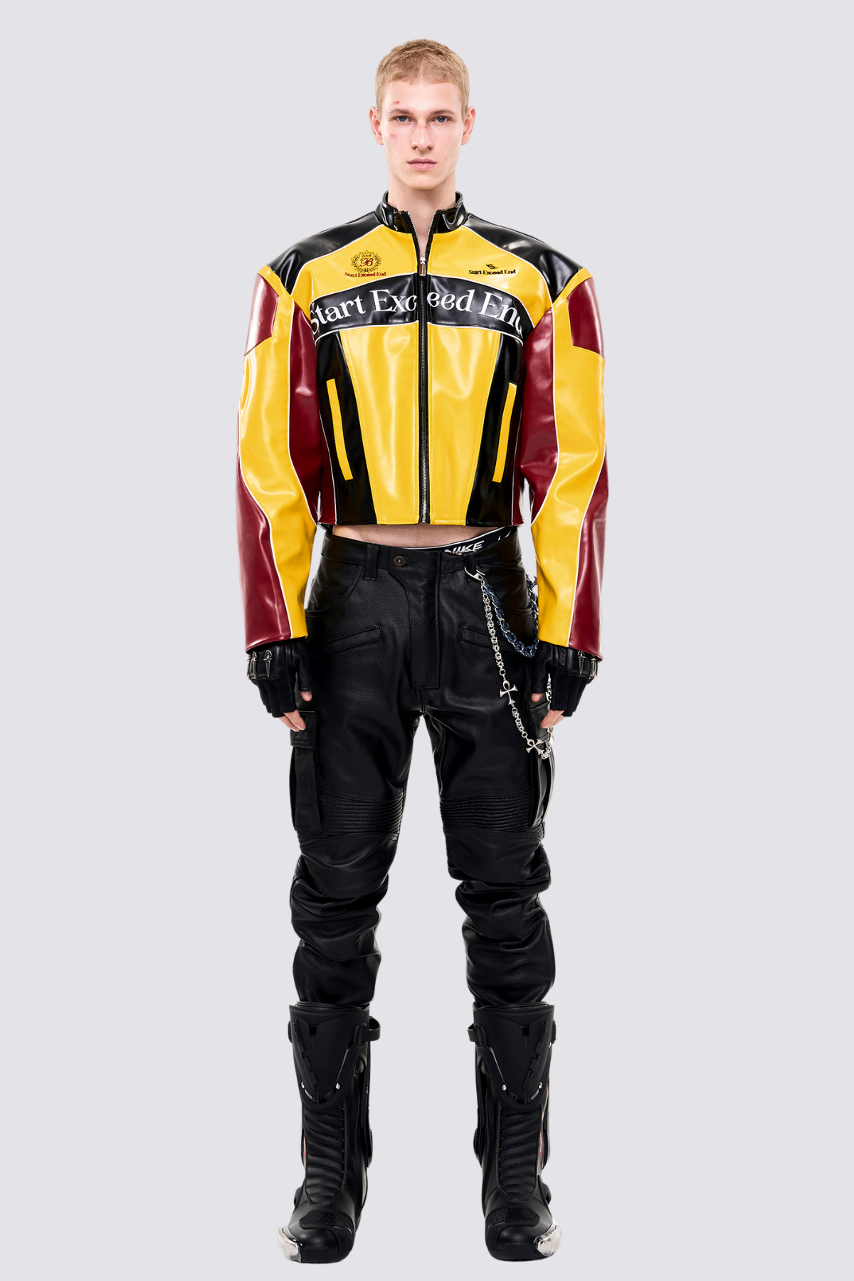 Dense Cut Embroidery Leather Crop Jacket