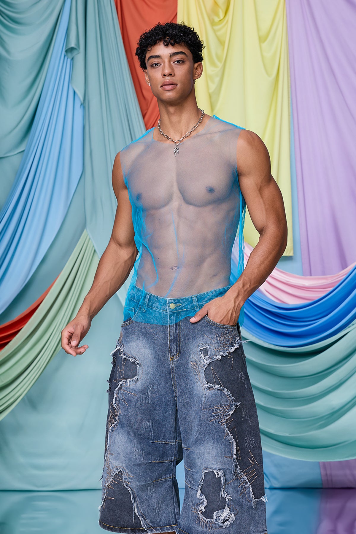 Digital Fiber Mesh Tank Top Blue