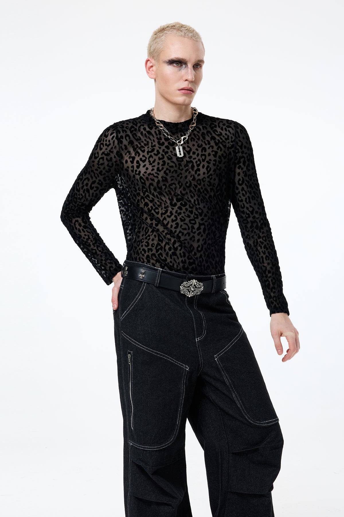 Dim Mark Print Mesh Long Sleeve Top