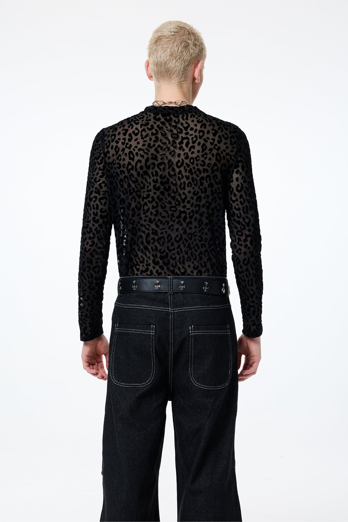 Dim Mark Print Mesh Long Sleeve Top