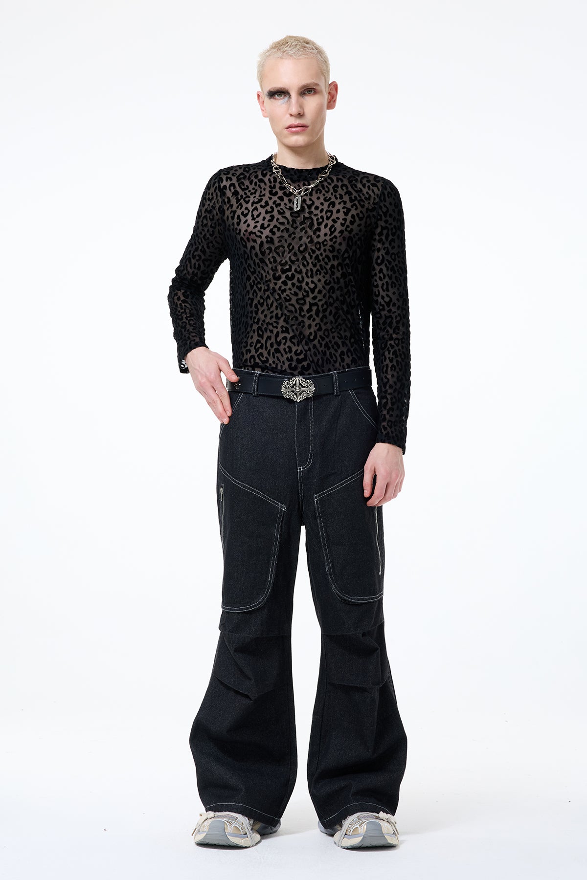 Dim Mark Print Mesh Long Sleeve Top