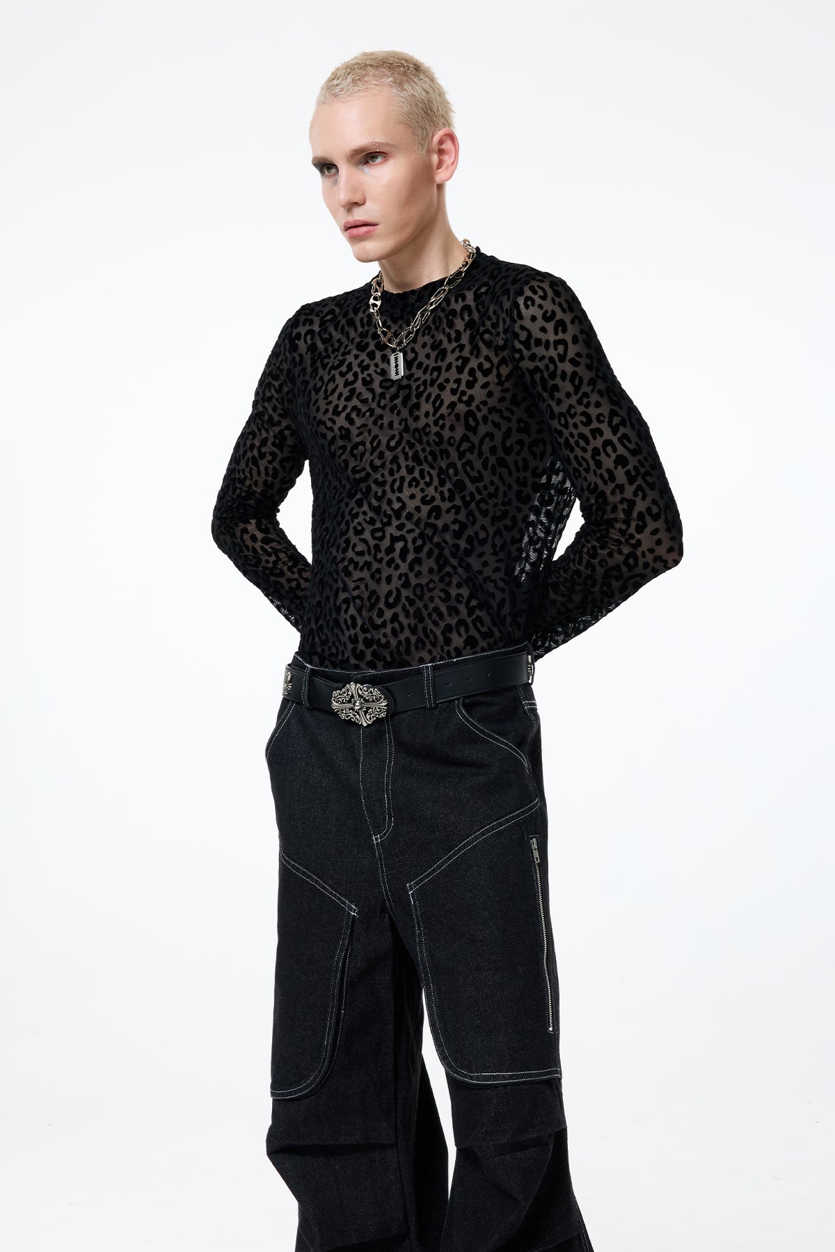 Dim Mark Print Mesh Long Sleeve Top