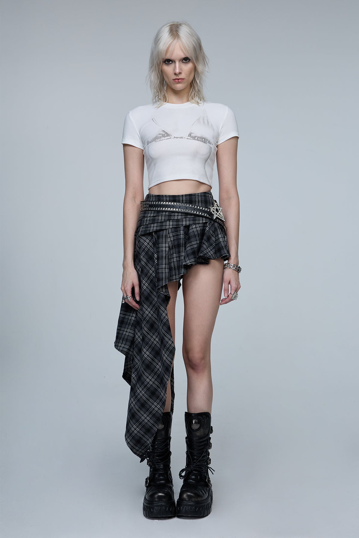 Distant Mood Asymmetric Print Plaid Midi Skirt