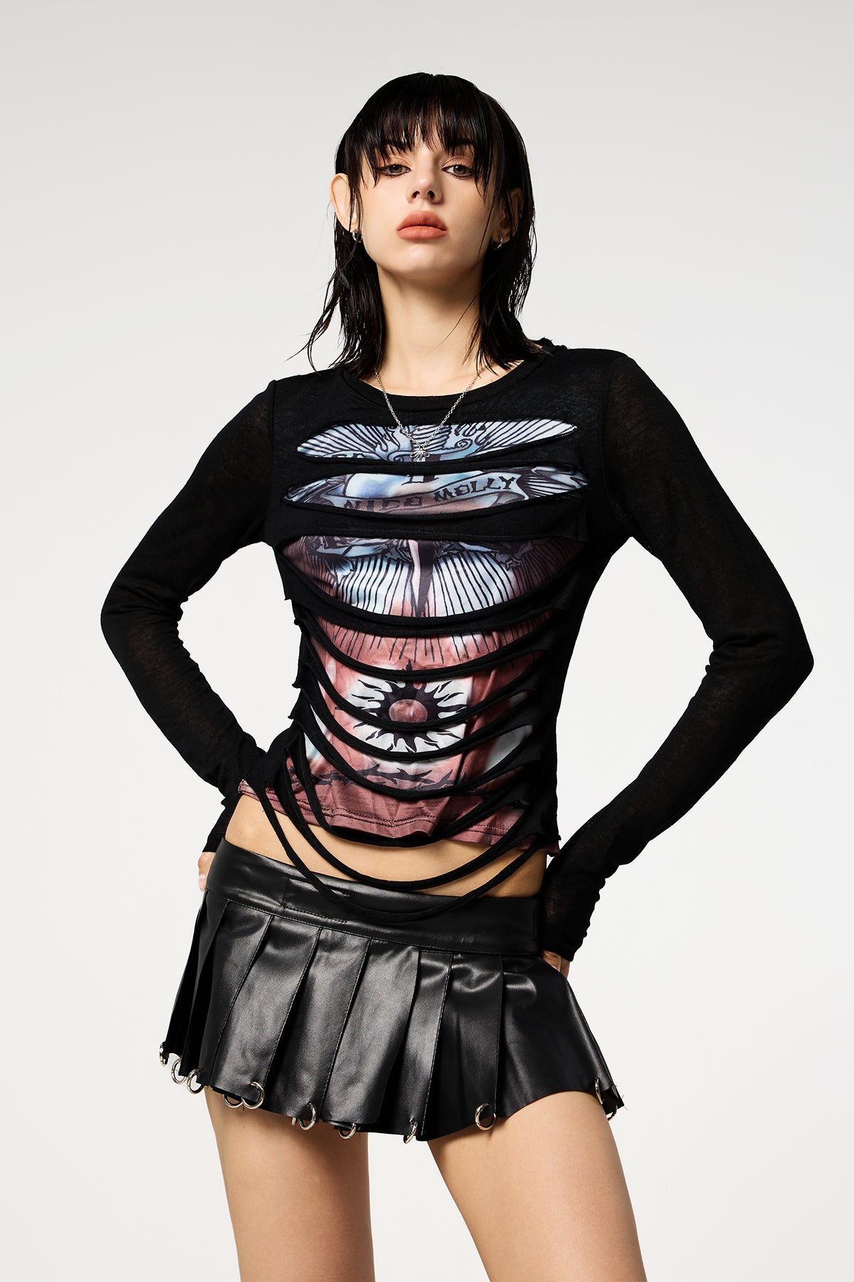 Dream Virus Ripped Long Sleeve Printed Top