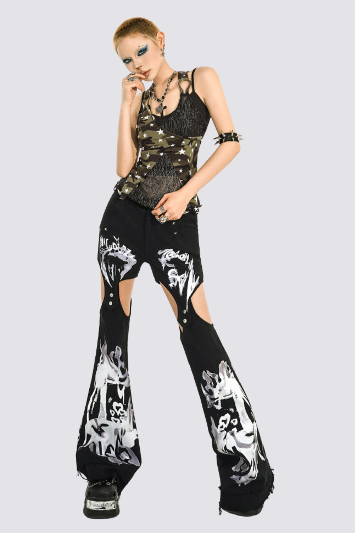 Drive Zone Print Cutout Bootcut Jeans