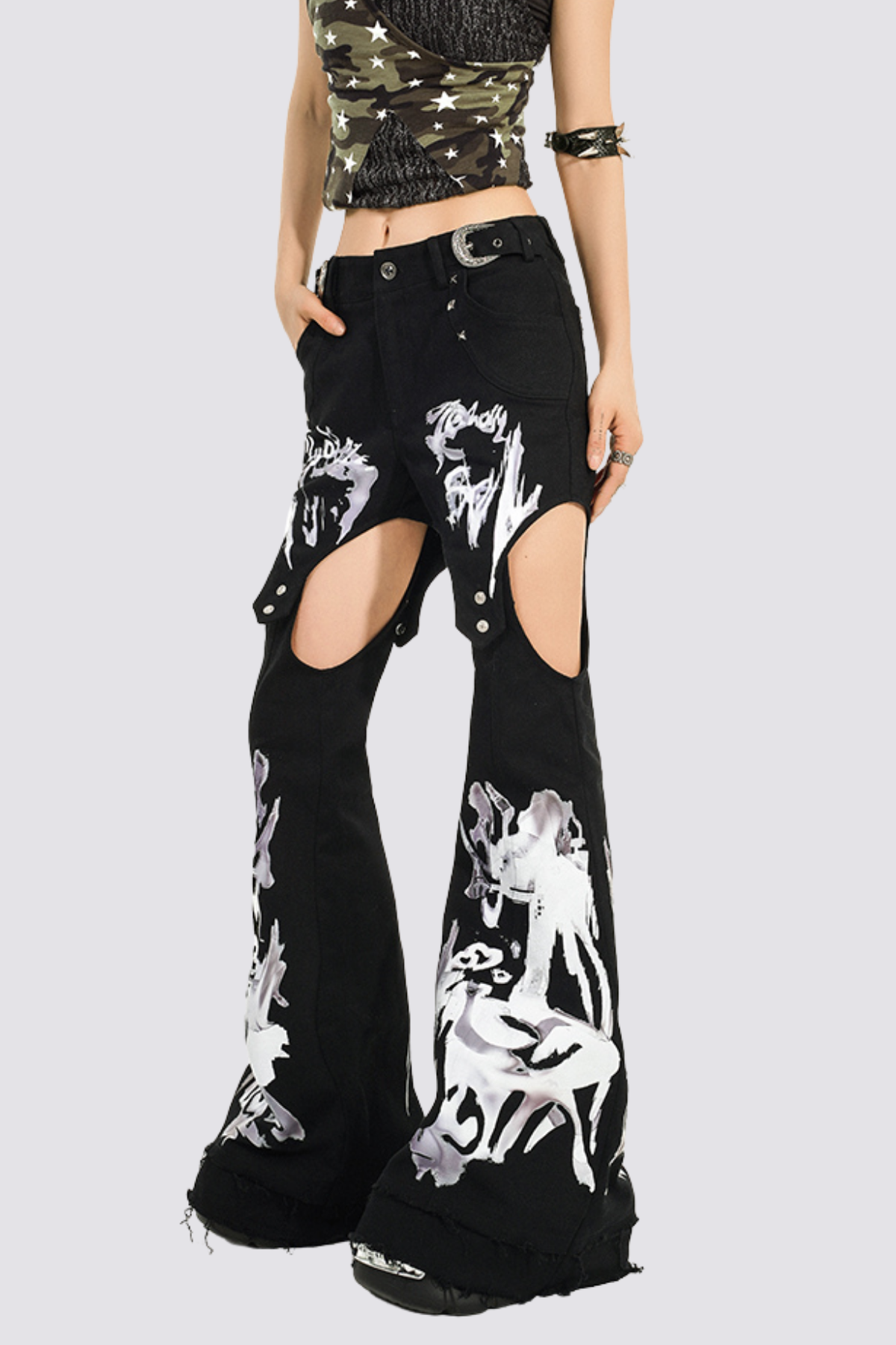 Drive Zone Print Cutout Bootcut Jeans