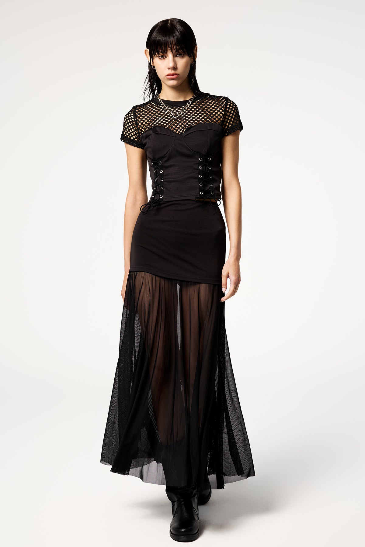 Dual Skin Punk Fishnet Cross Strap Top