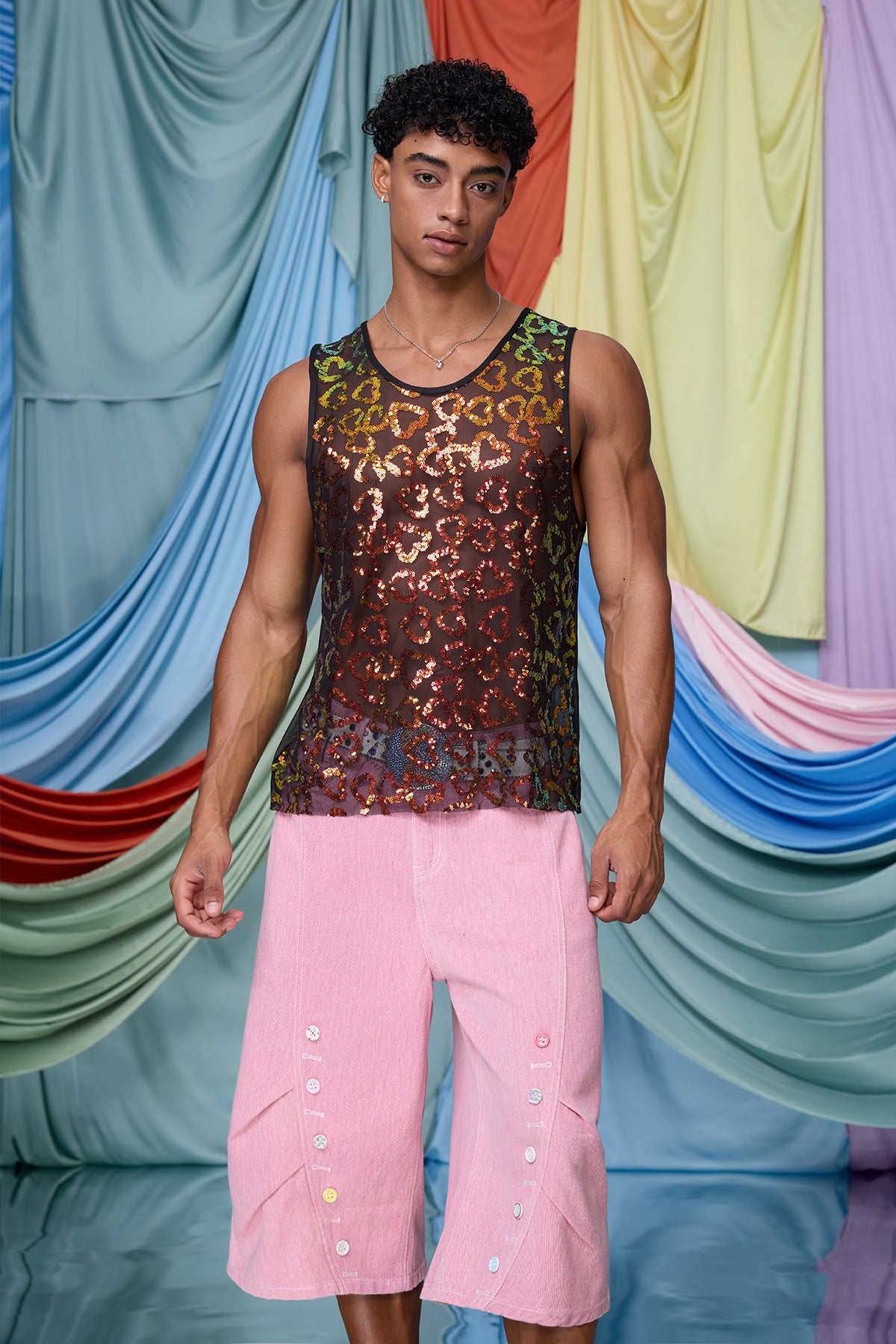 Dual Tension Mesh Heart Sequin Tank Top
