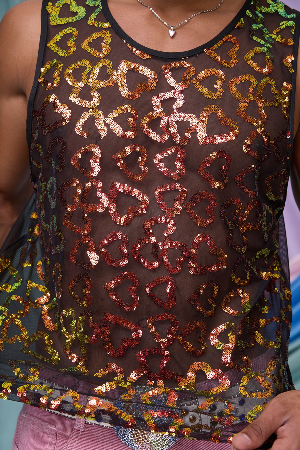 Dual Tension Mesh Heart Sequin Tank Top
