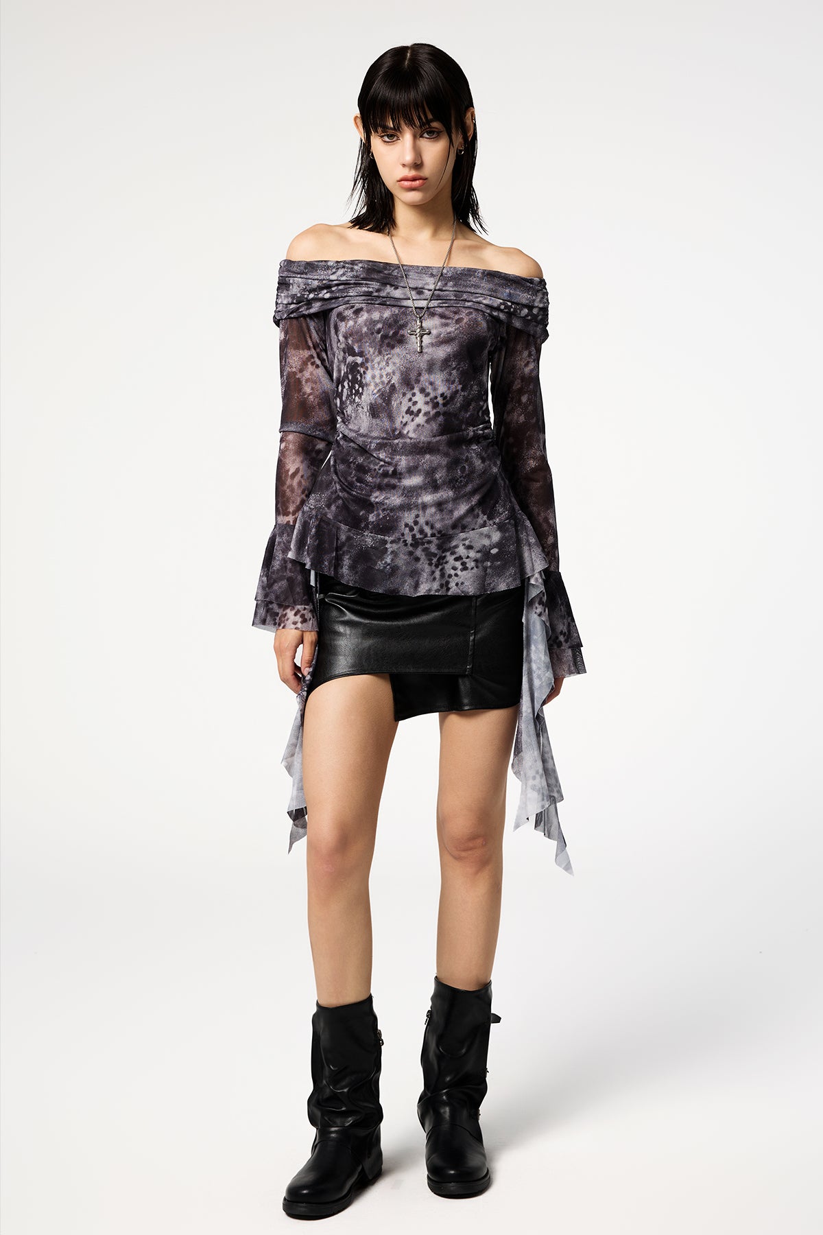 Dual Tone Off Shoulder Floral Mesh Top