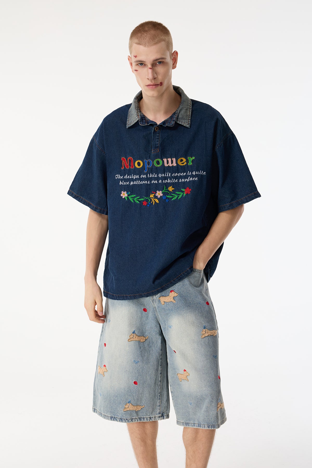 Dusk Band Embroidery Denim Top