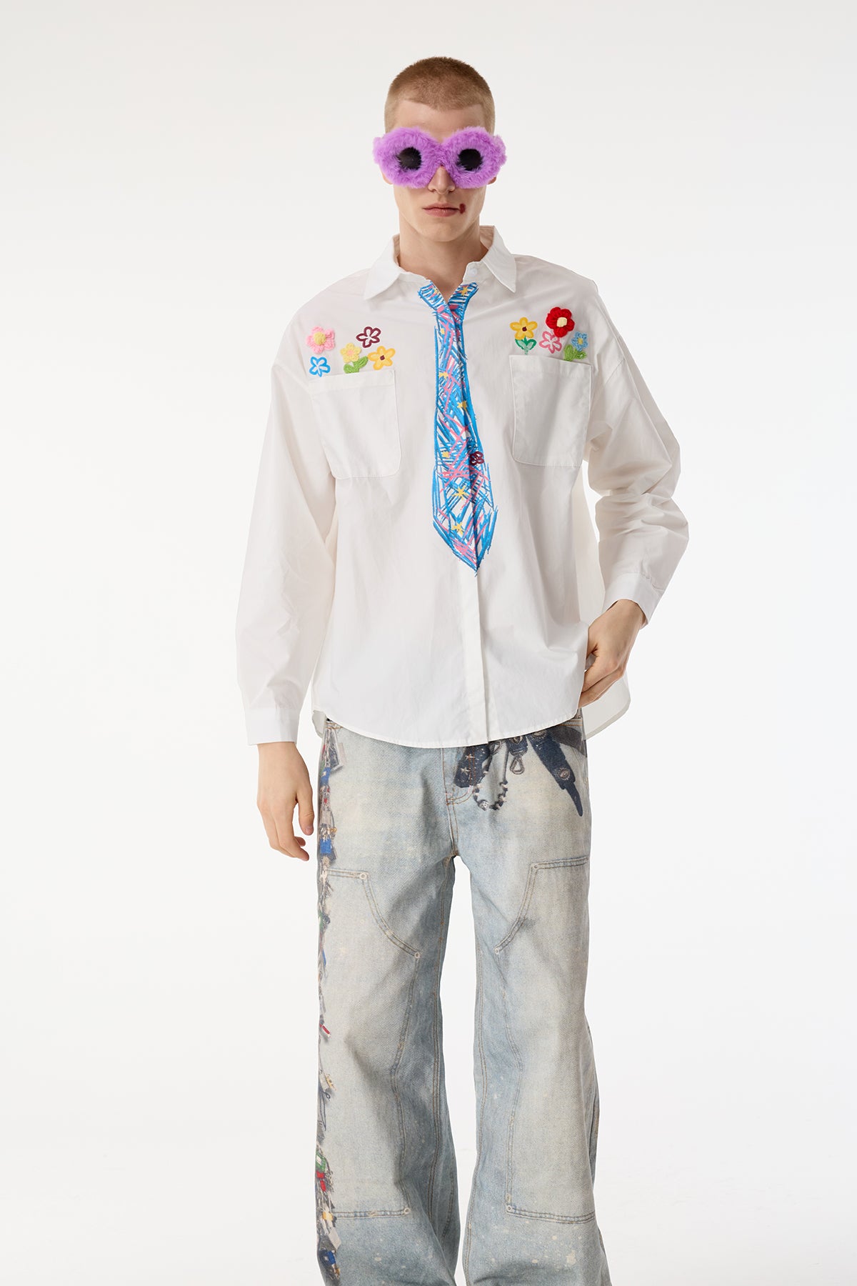 Dust Hue Embroidery Floral Print Long Sleeve Shirts