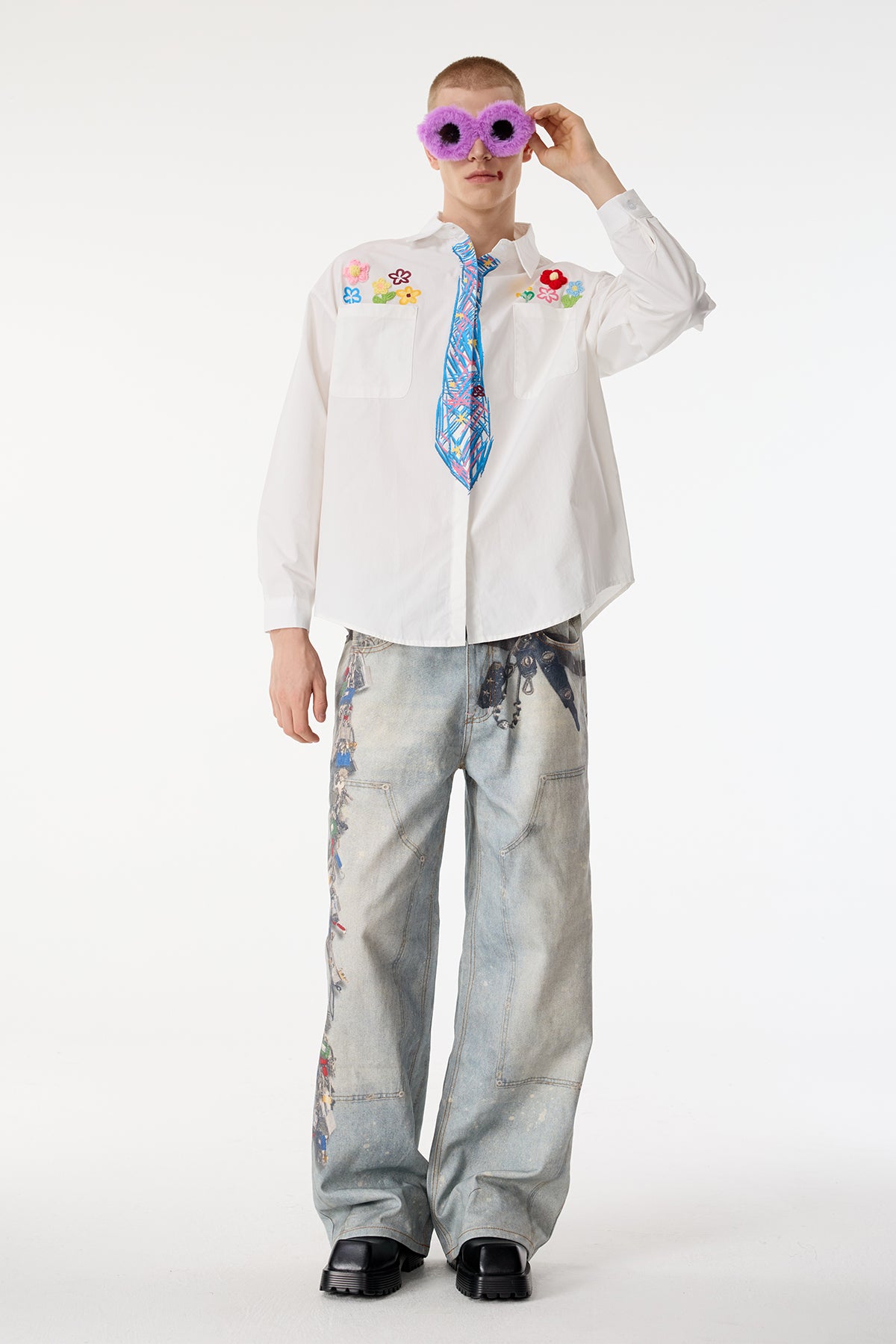 Dust Hue Embroidery Floral Print Long Sleeve Shirts