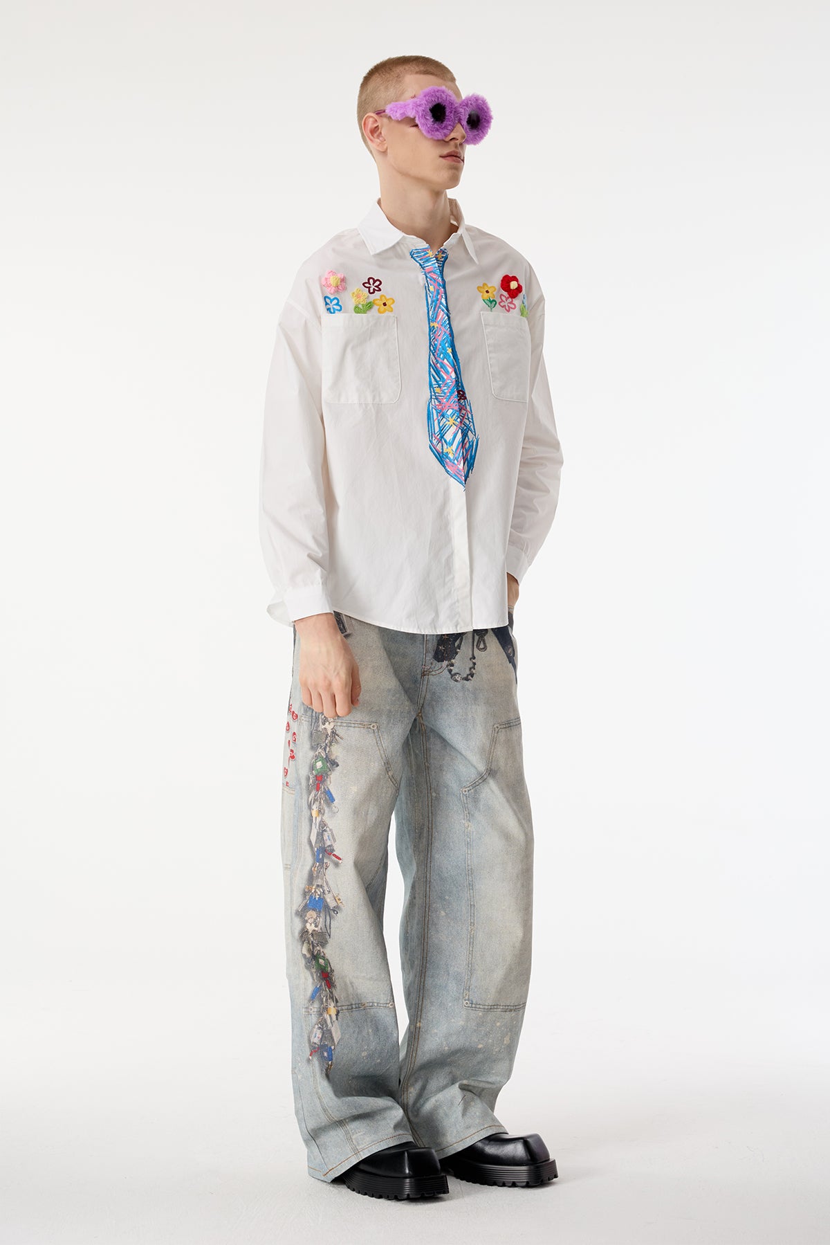 Dust Hue Embroidery Floral Print Long Sleeve Shirts