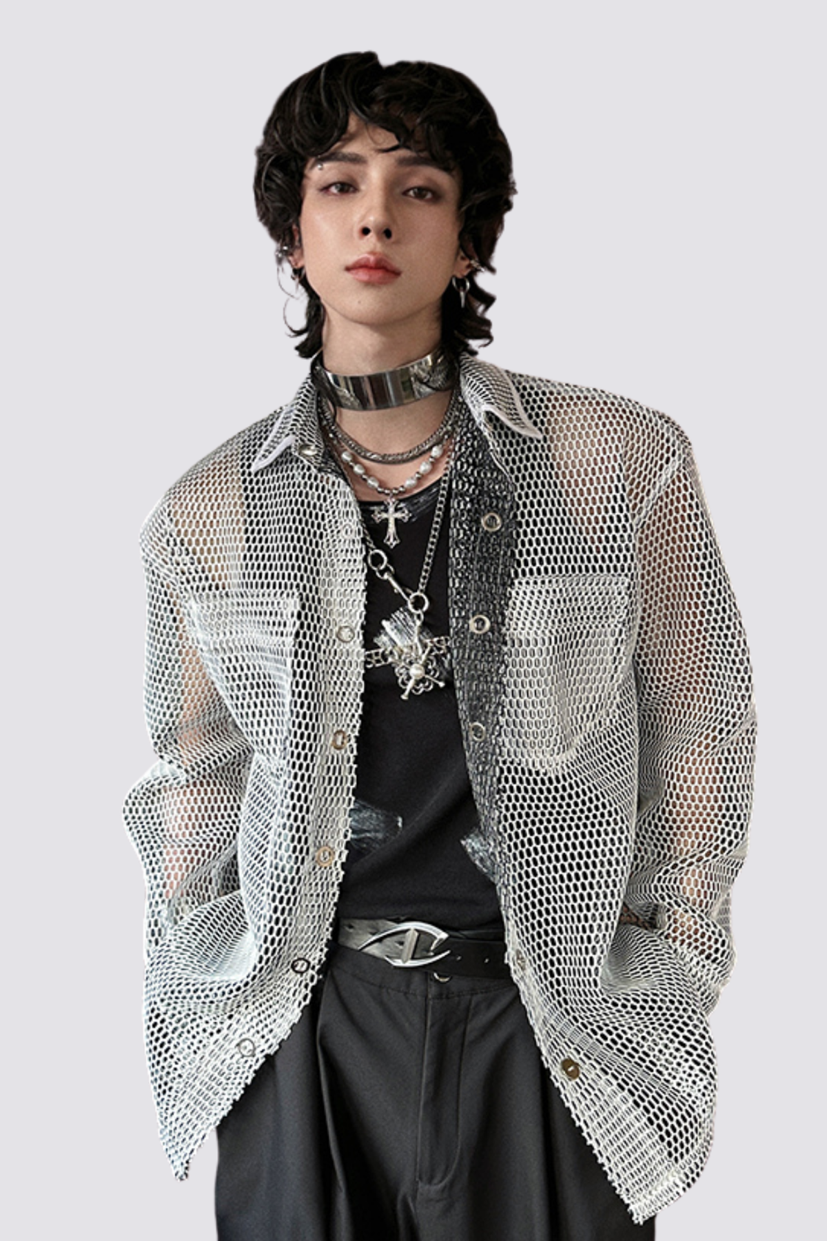 Dust Layer Cutout Fishnet Shirt White