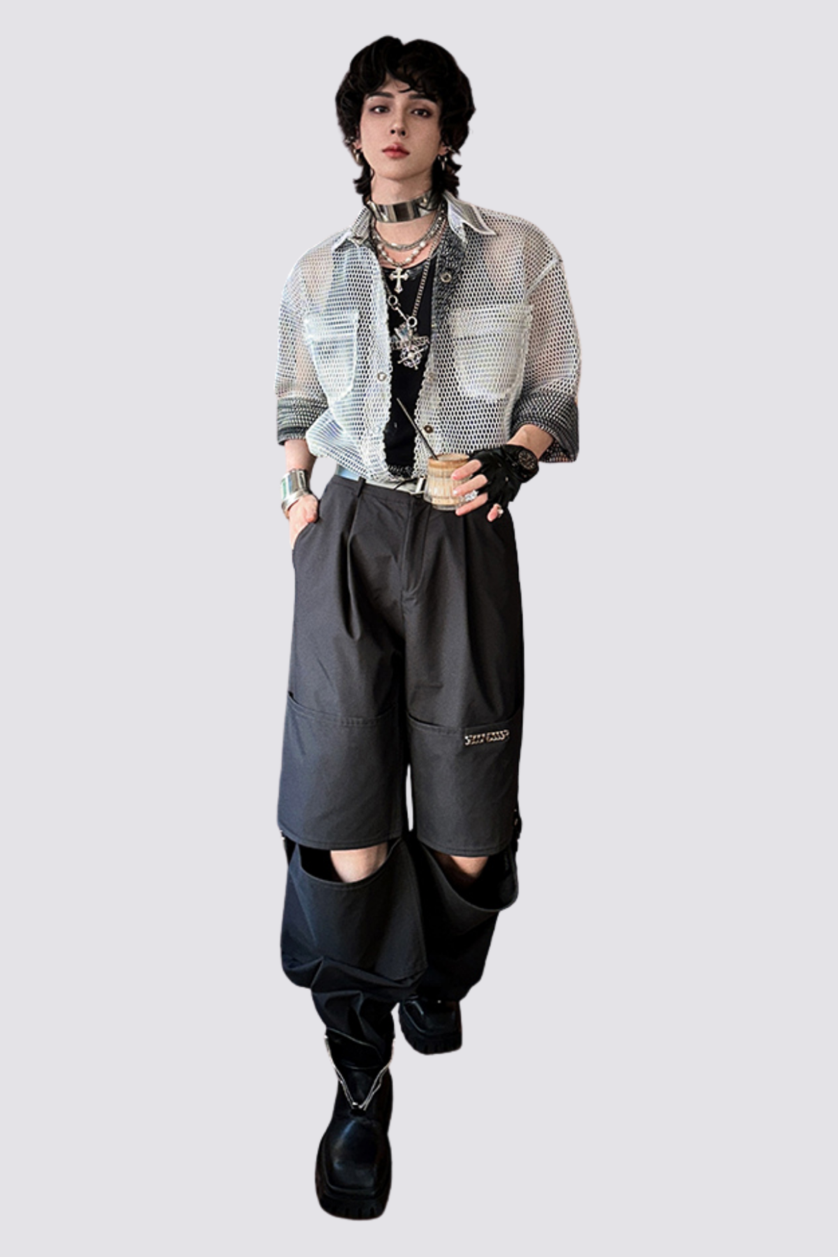 Dust Layer Cutout Fishnet Shirt White