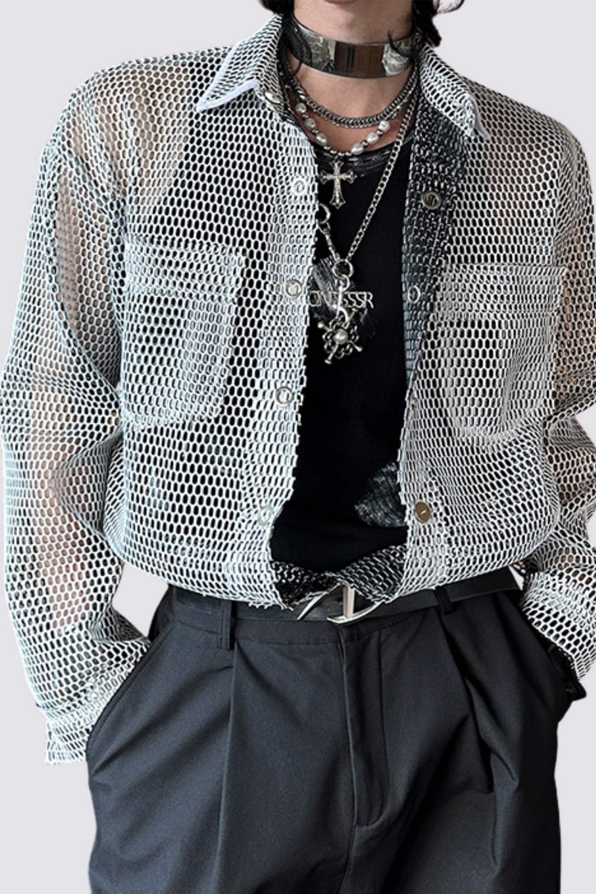 Dust Layer Cutout Fishnet Shirt White
