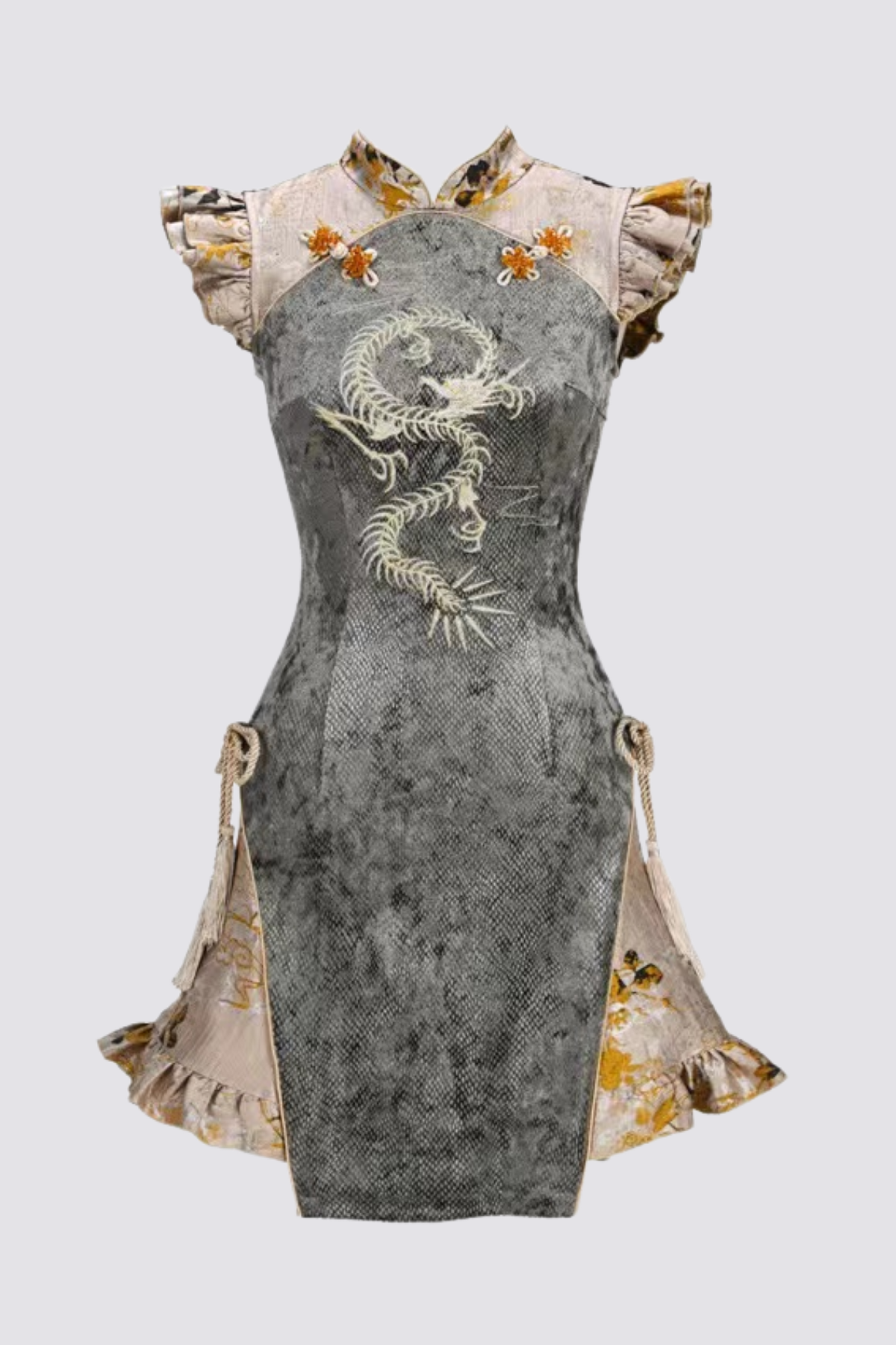 Dust Phase Dragon Embroidery Sleeveless Mini Dress