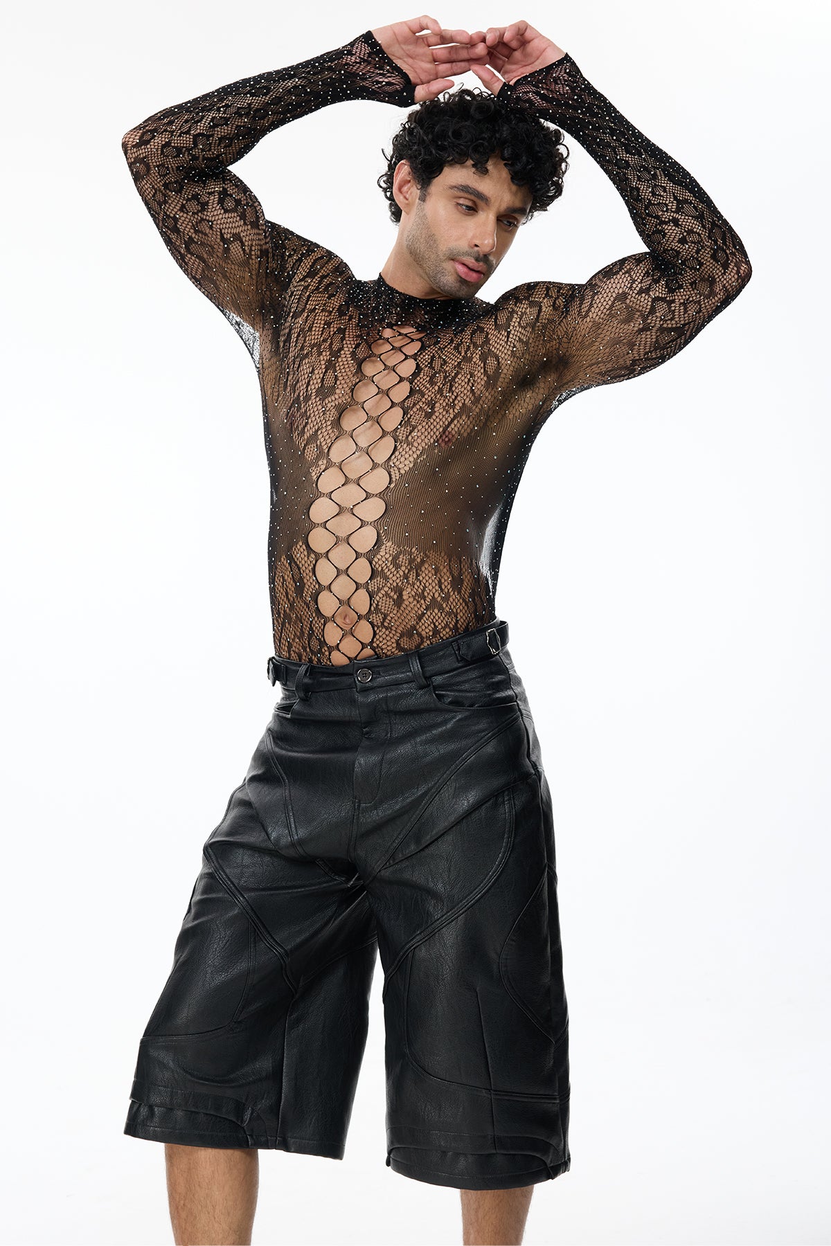Exact Outline Rhinestone Mesh Cutout Bodysuit Black – RYVKstudio