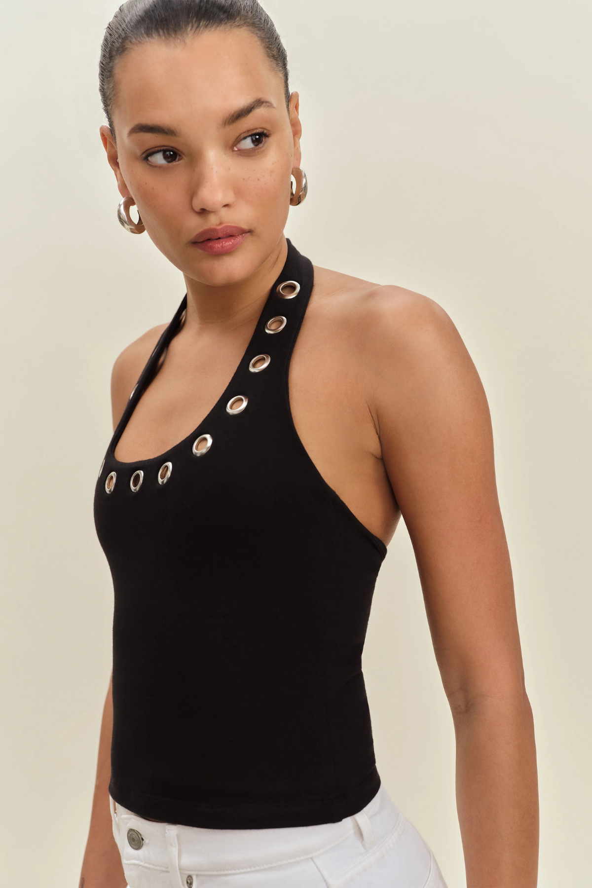 Exposed Spine Cutout Metal Sleeveless Top