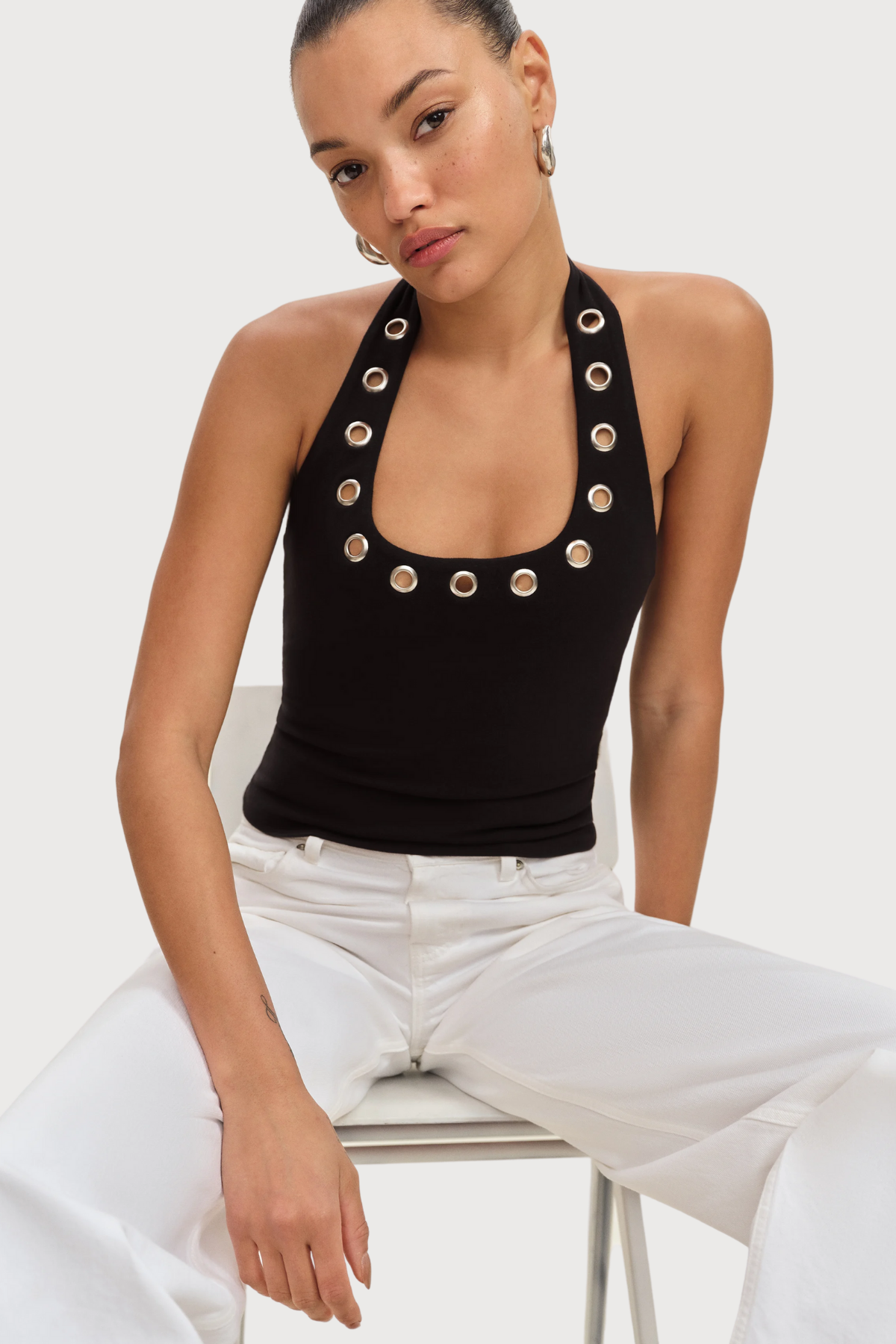 Exposed Spine Cutout Metal Sleeveless Top