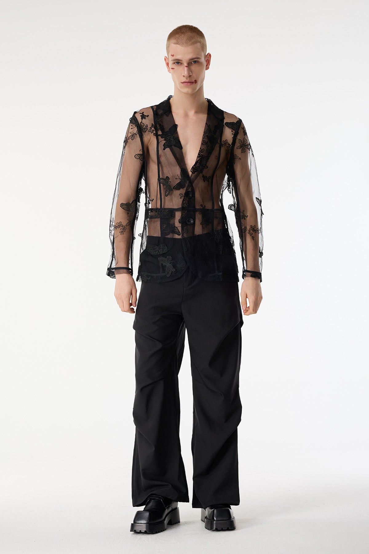 Fabric Clash Butterfly Embroidery Mesh Jacket