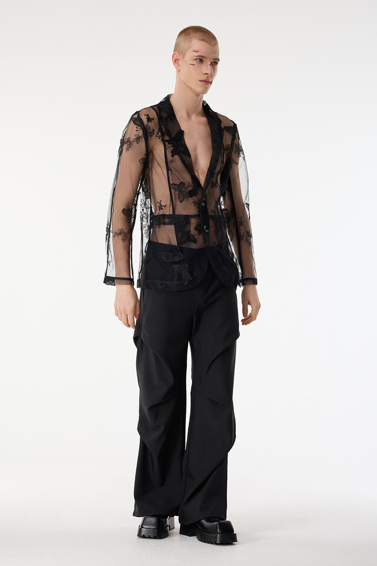 Fabric Clash Butterfly Embroidery Mesh Jacket