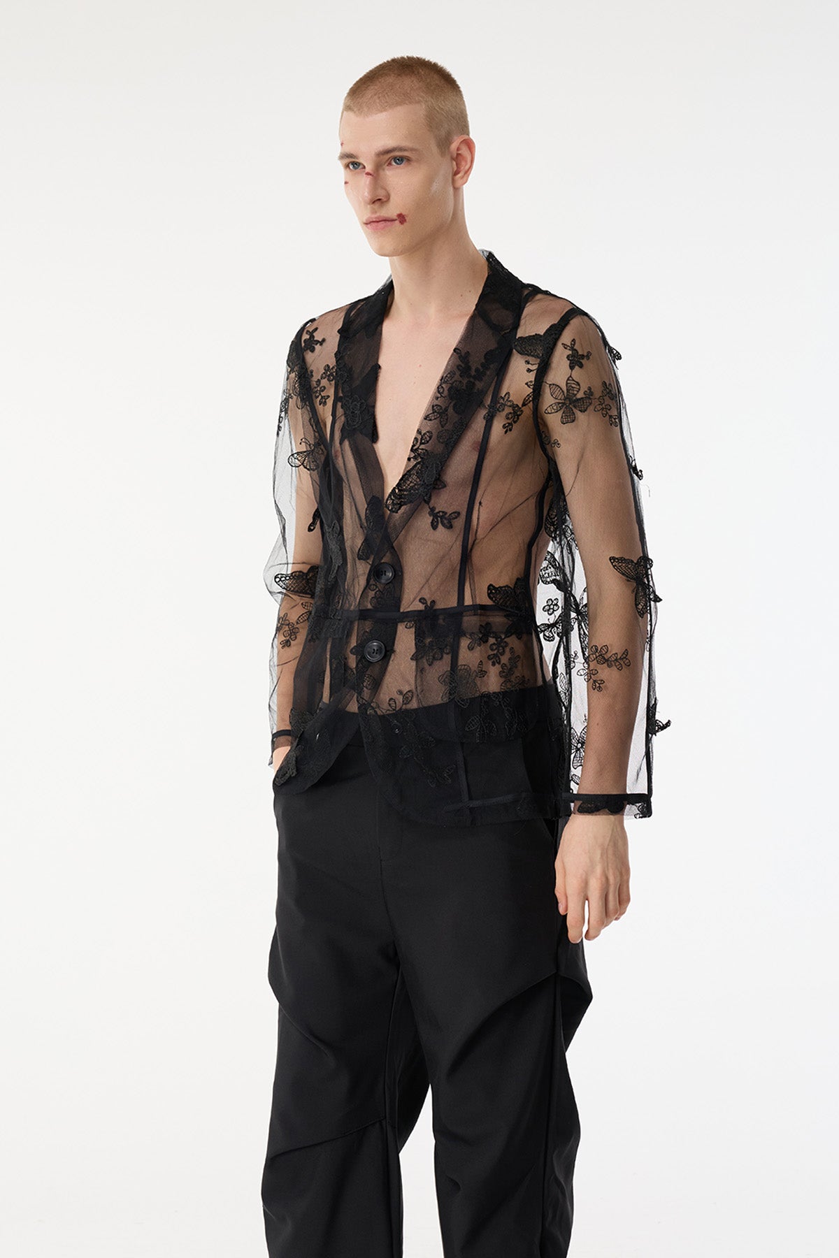 Fabric Clash Butterfly Embroidery Mesh Jacket