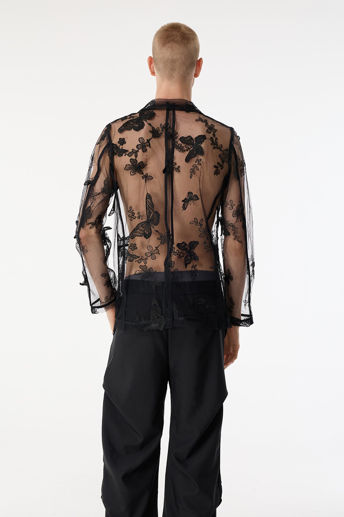 Fabric Clash Butterfly Embroidery Mesh Jacket