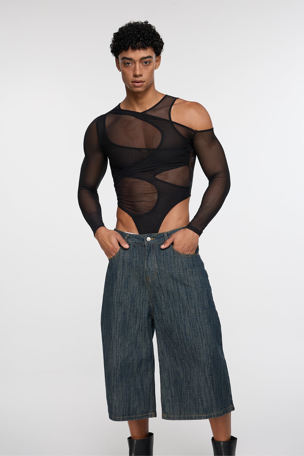 Fabric Logic Cutout Long Sleeve Mesh Bodysuit