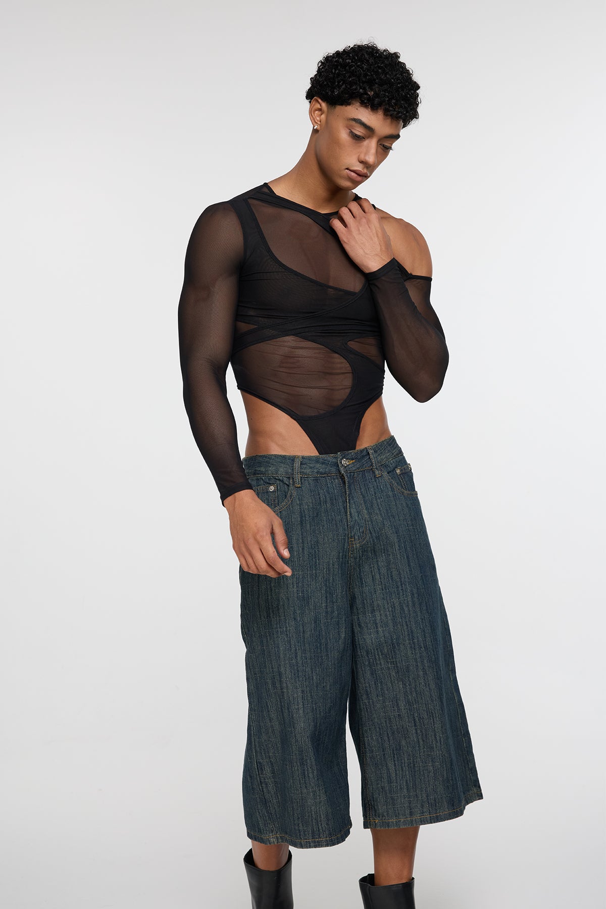 Fabric Logic Cutout Long Sleeve Mesh Bodysuit