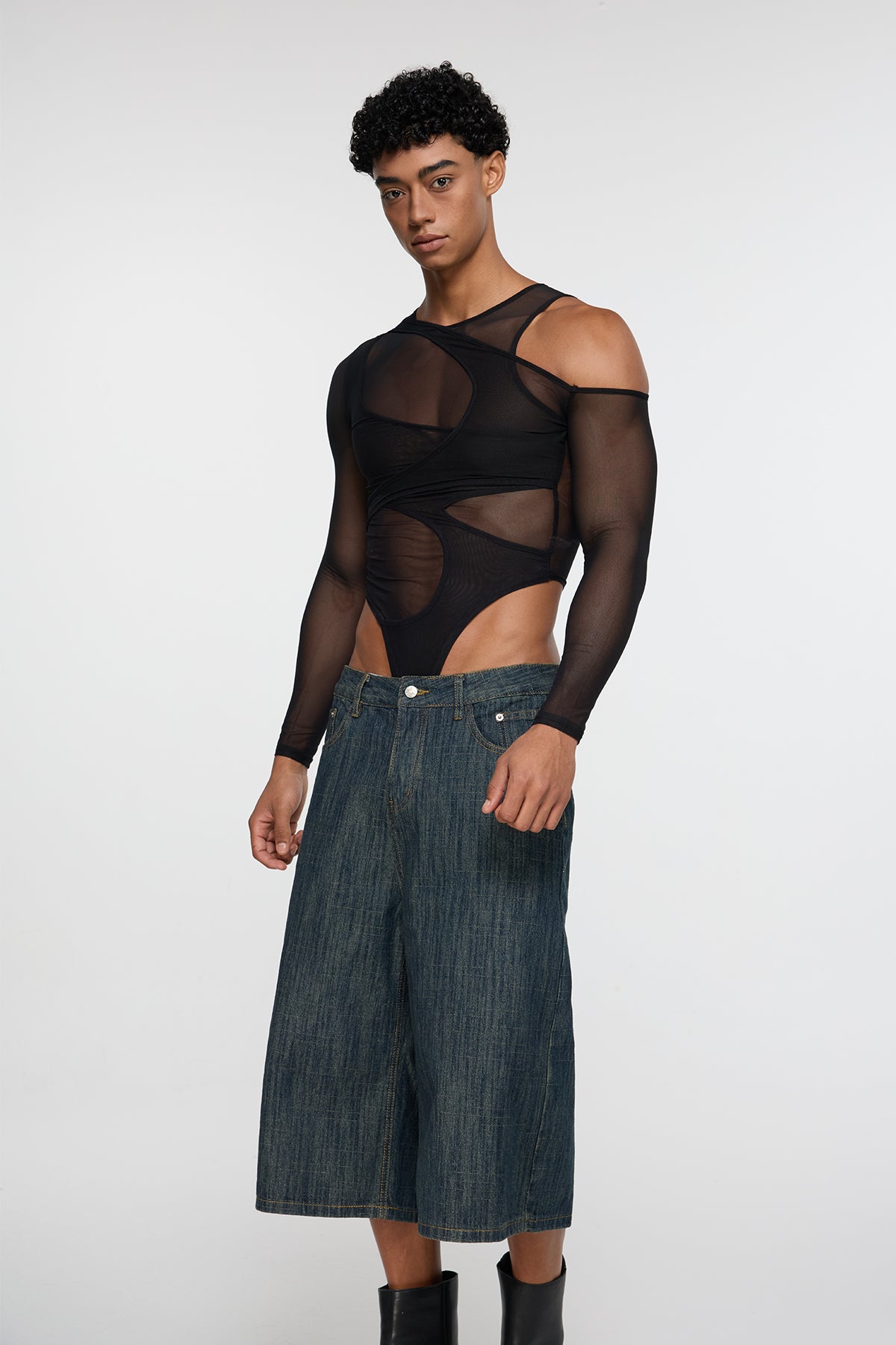 Fabric Logic Cutout Long Sleeve Mesh Bodysuit