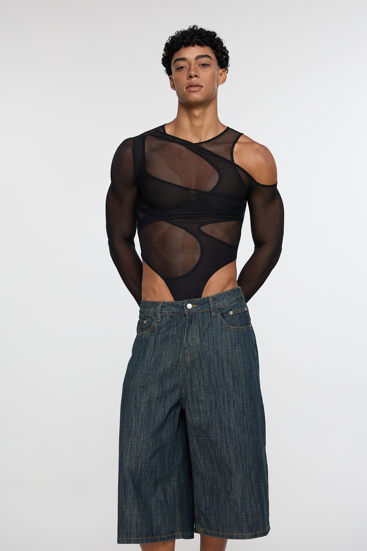 Fabric Logic Cutout Long Sleeve Mesh Bodysuit