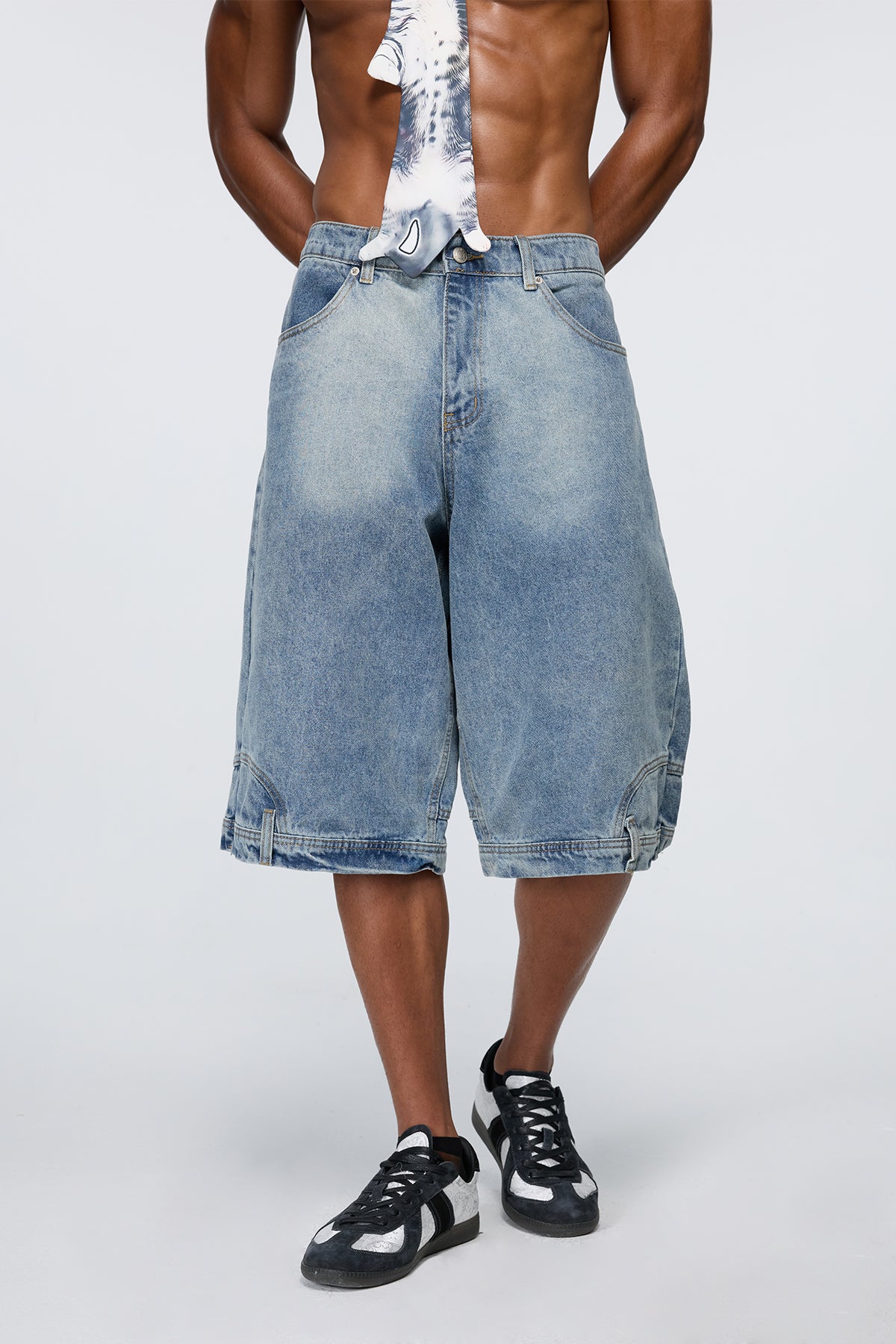 Faded Matrix Denim Straight Shorts