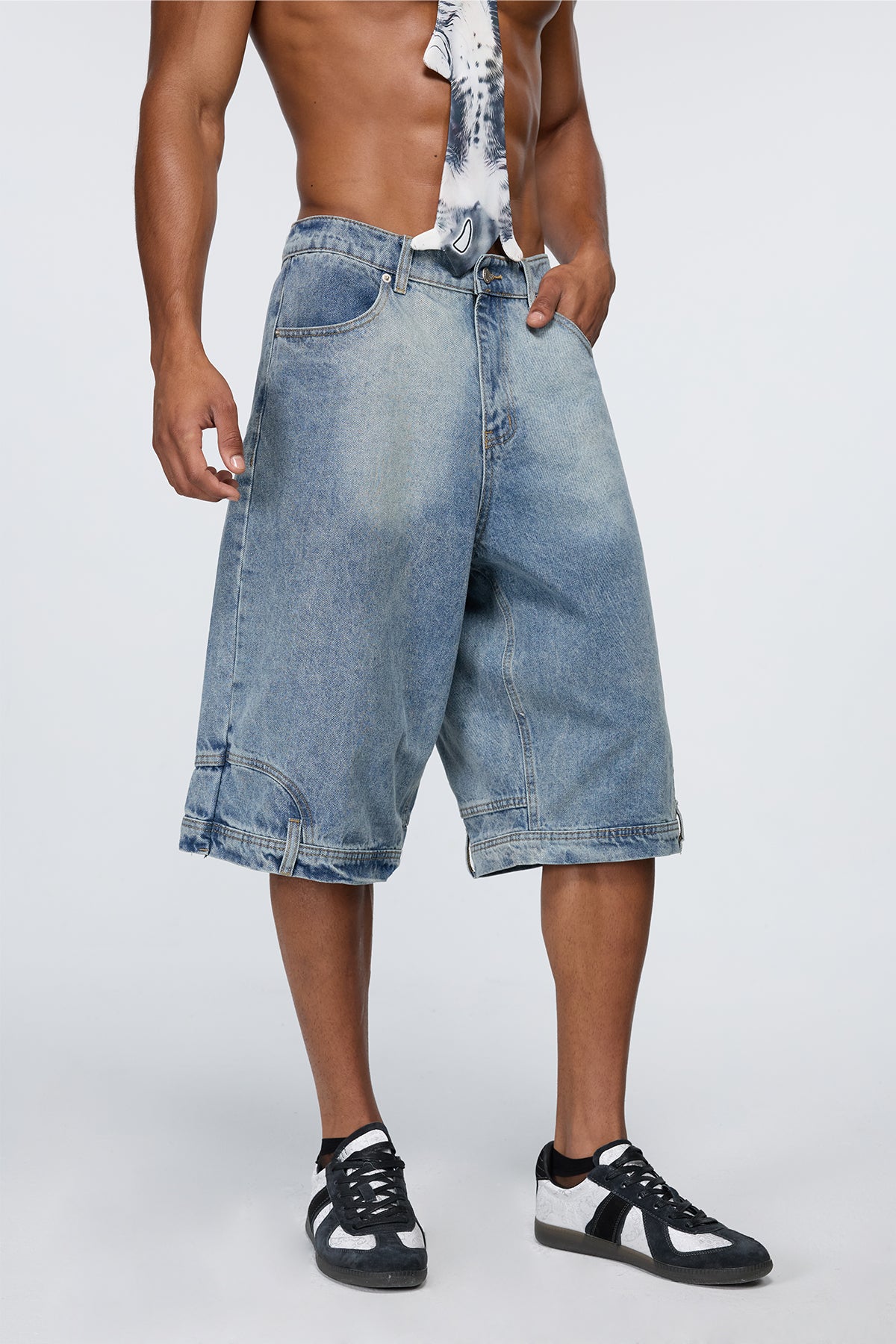 Faded Matrix Denim Straight Shorts