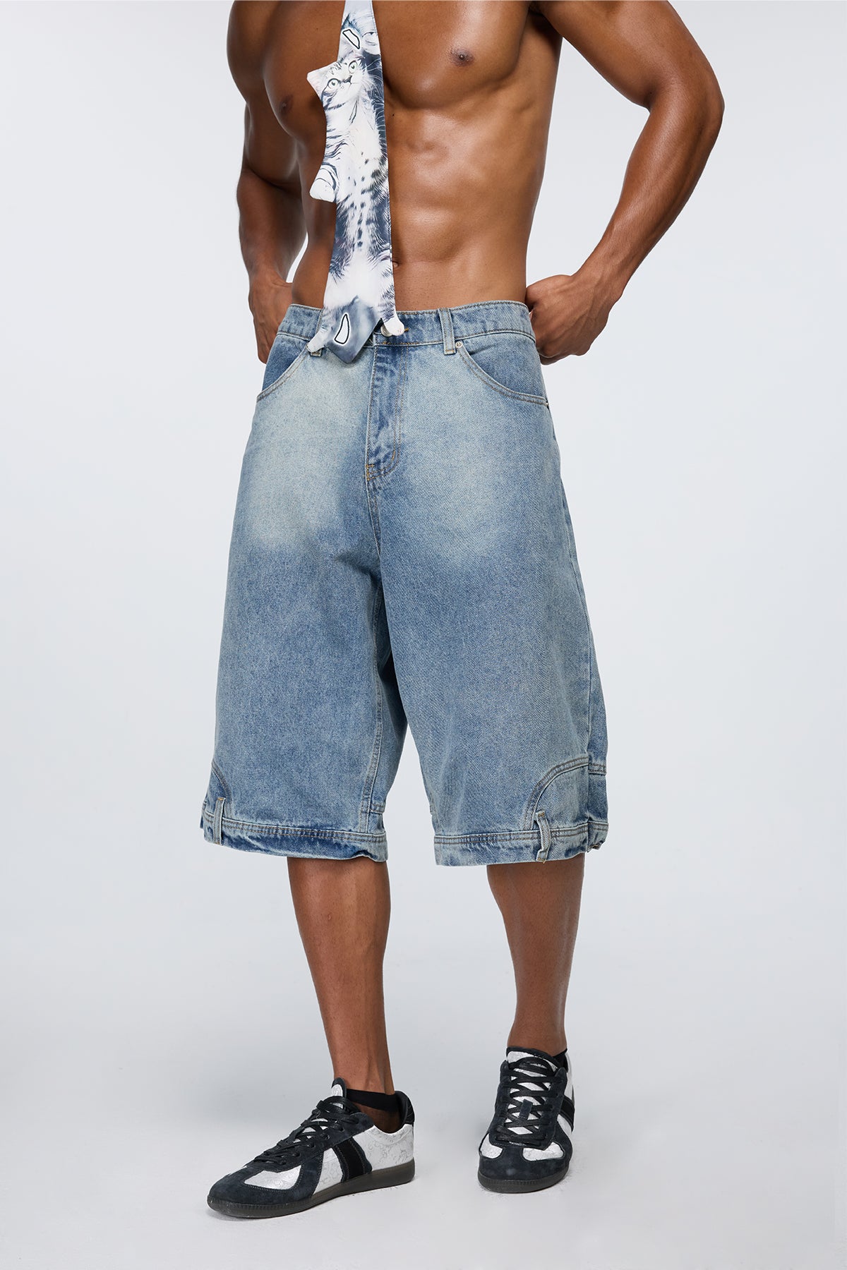 Faded Matrix Denim Straight Shorts