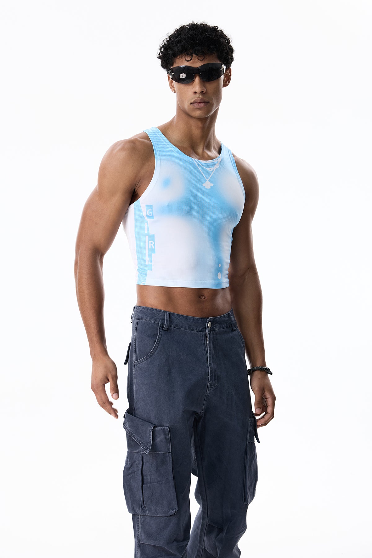 Faint Pattern Crop Sleeveless Top Blue