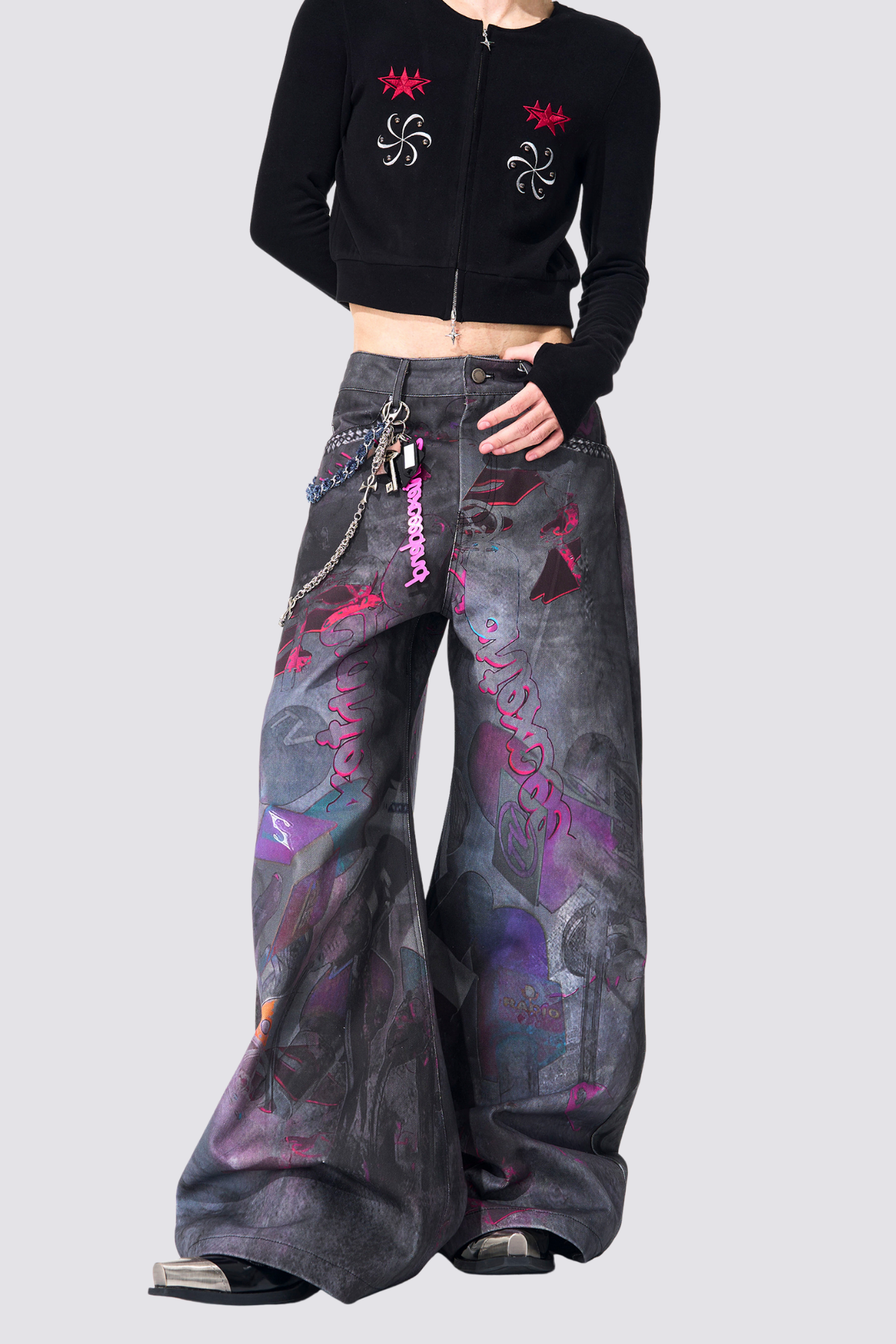 Flash Net Print Wide Leg Jeans