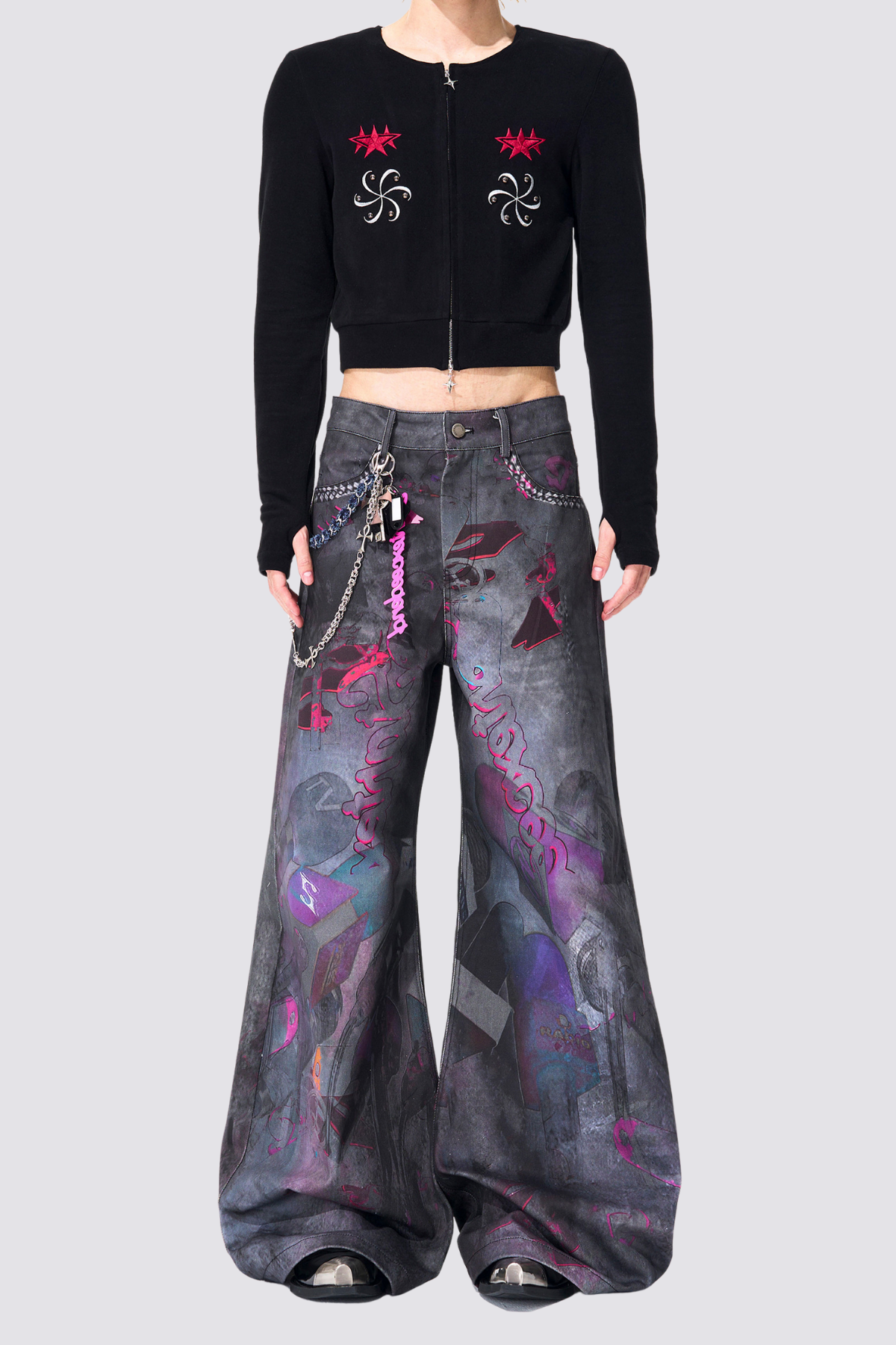 Flash Net Print Wide Leg Jeans
