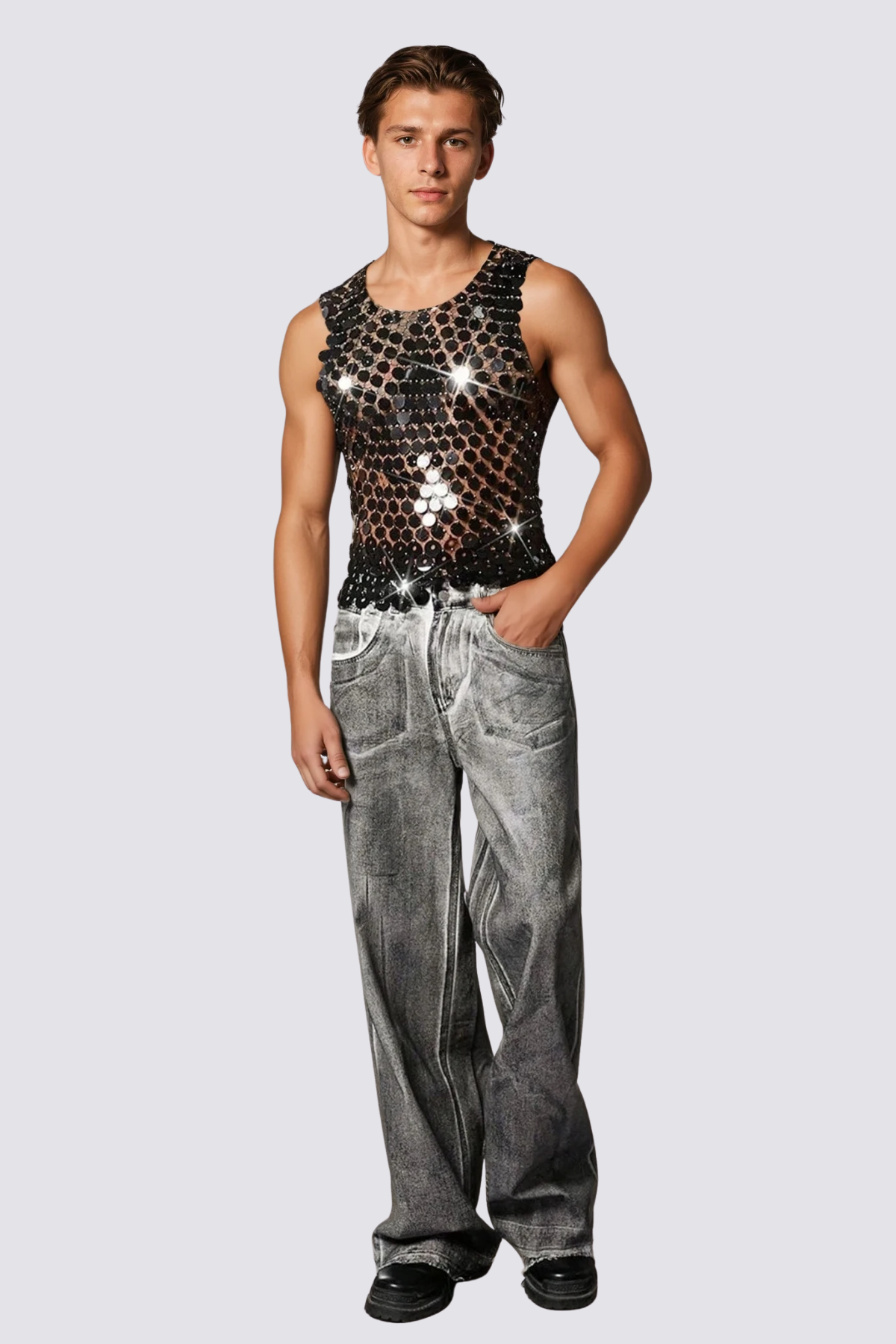 Flash Shine Sequin Rhinestone Mesh Top Black