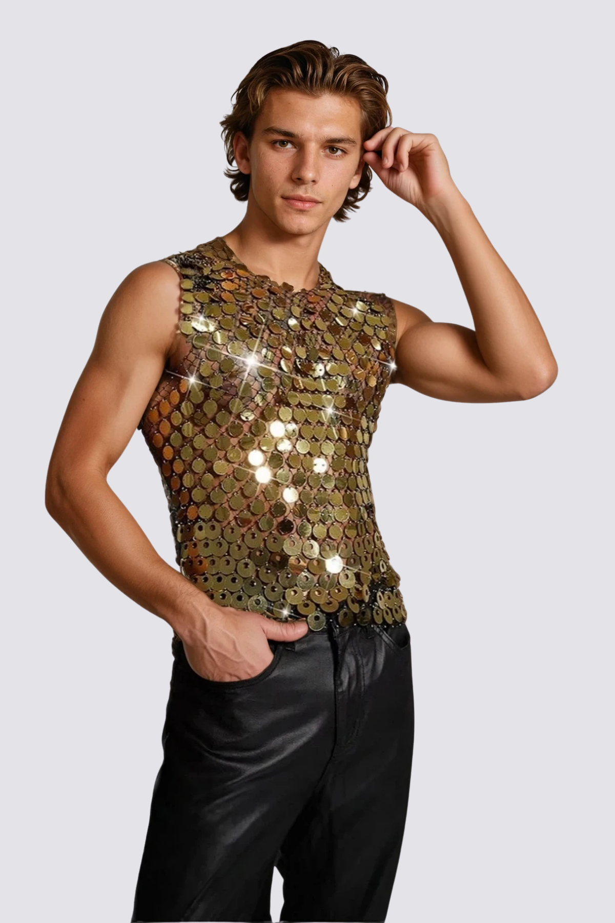 Flash Shine Sequin Rhinestone Mesh Top Gold