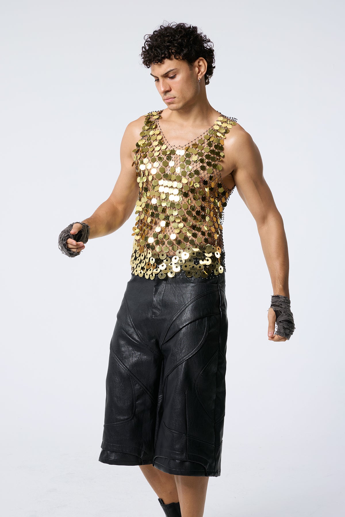 Flash Shine Sequin Rhinestone Mesh Top Gold