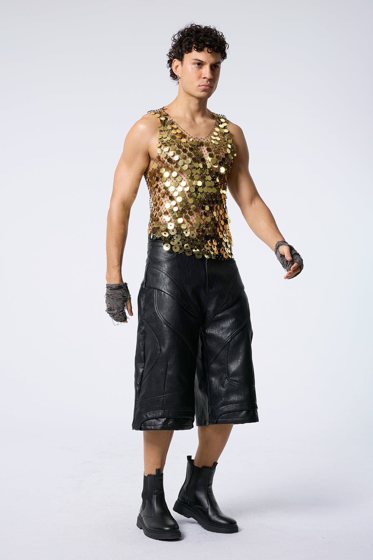 Flash Shine Sequin Rhinestone Mesh Top Gold