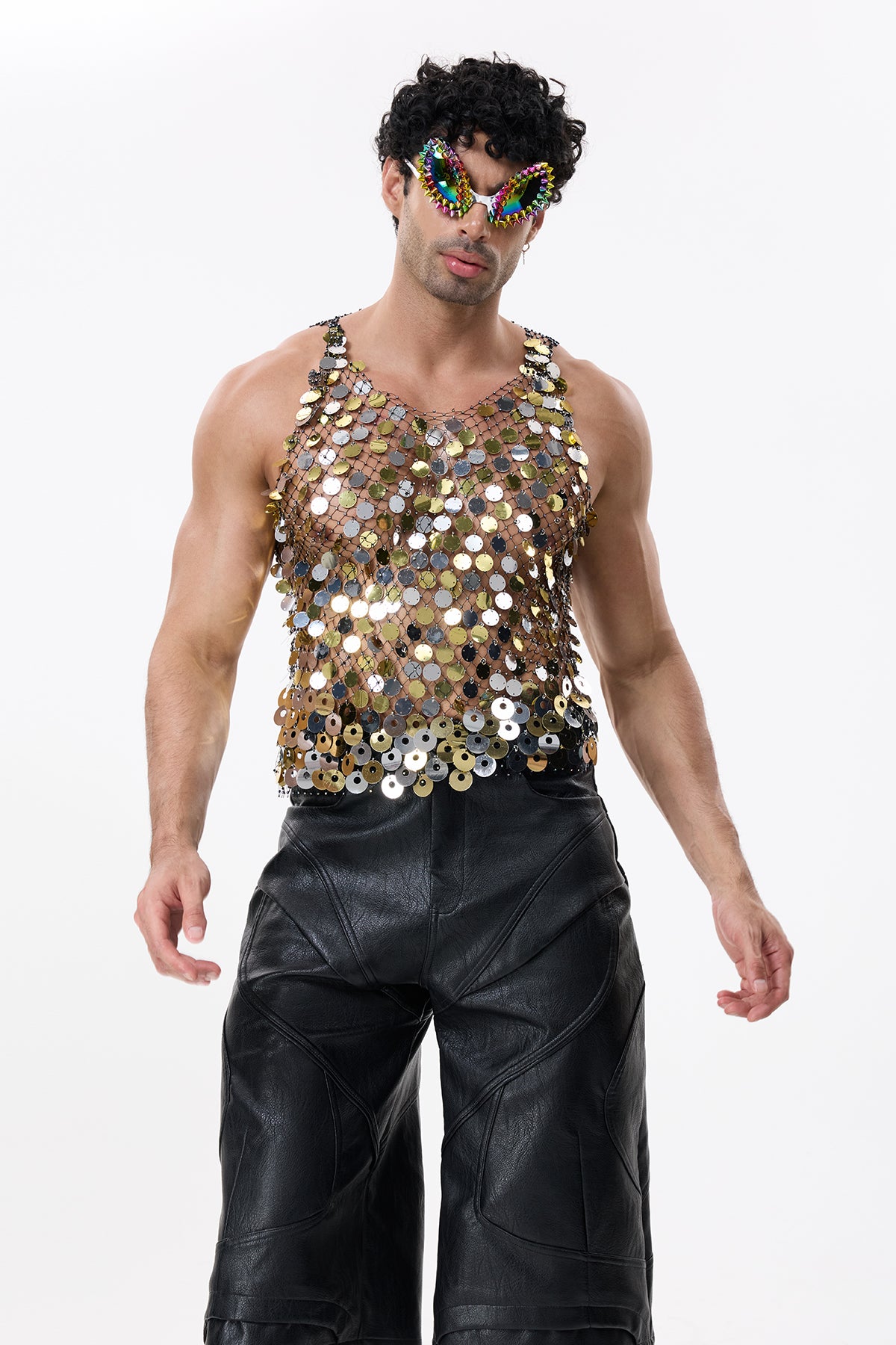 Flash Shine Sequin Rhinestone Mesh Top Multi