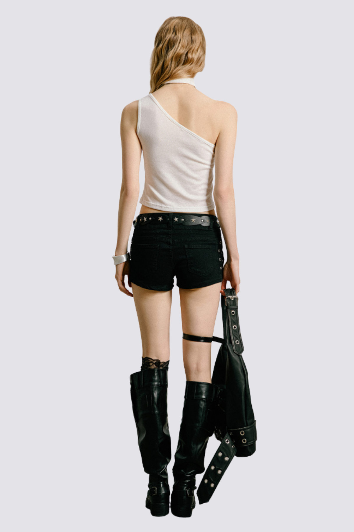 Flat Shade One Shoulder Rivet Print Top